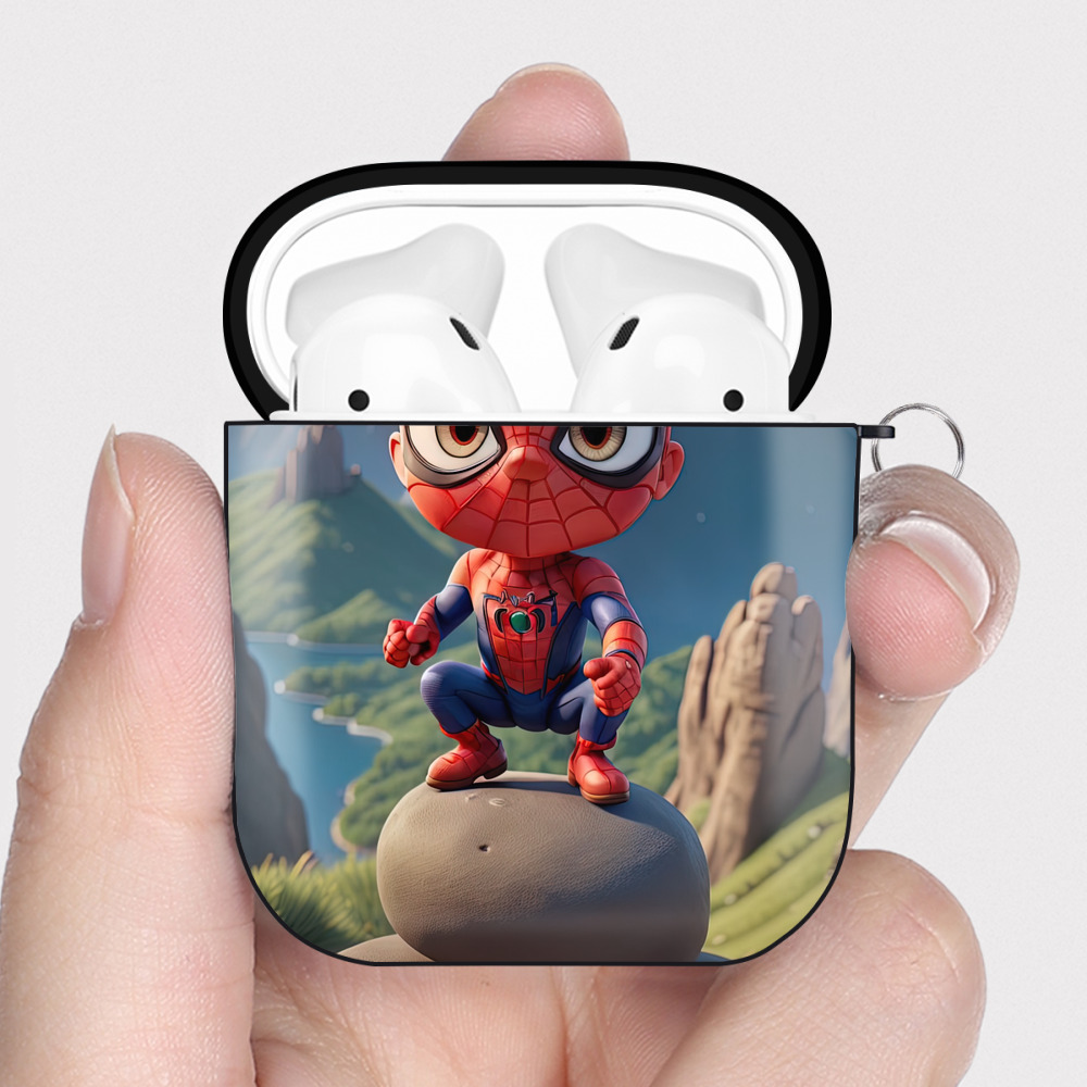 （画像用） Spider Man スパイダーマン AirPods 第2世代保護ケース ハードシェル ブラック 耐衝撃・防指紋・カラビナ付き