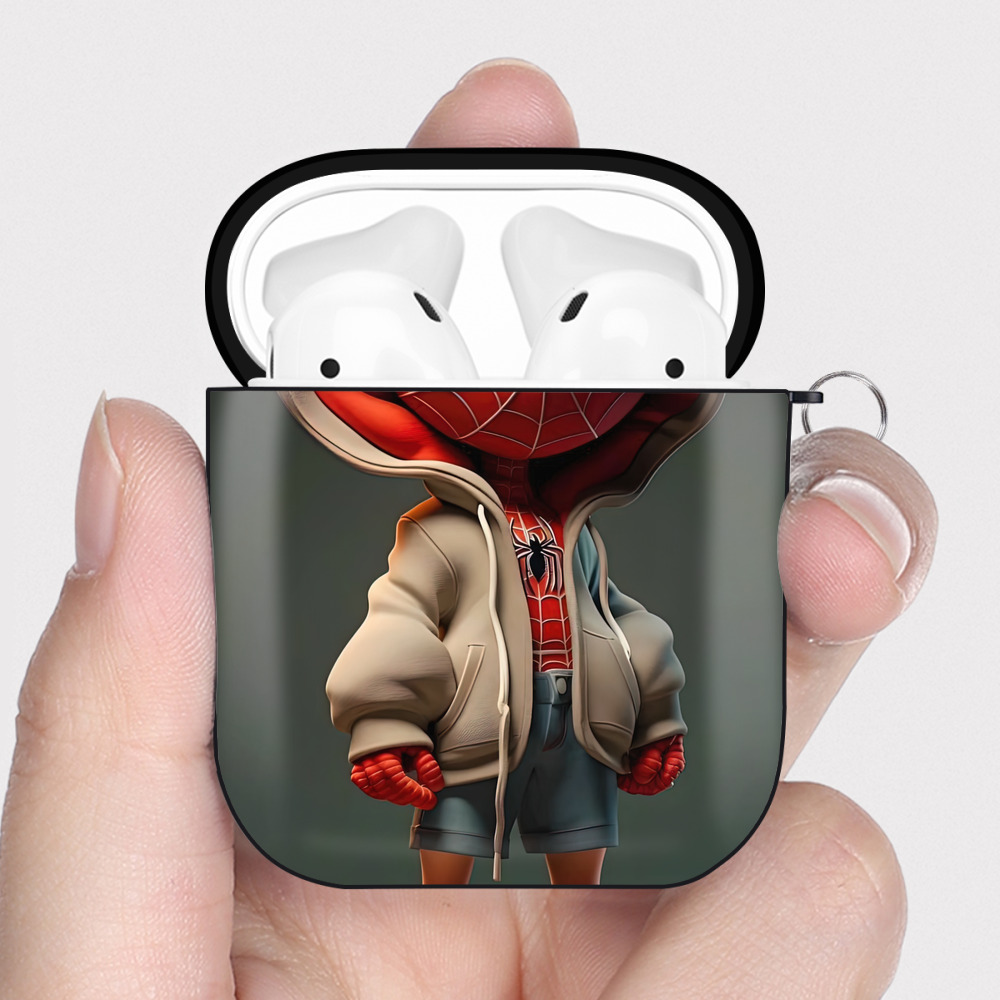 （画像用） Spider Man スパイダーマン AirPods 第2世代保護ケース ハードシェル ブラック 耐衝撃・防指紋・カラビナ付き