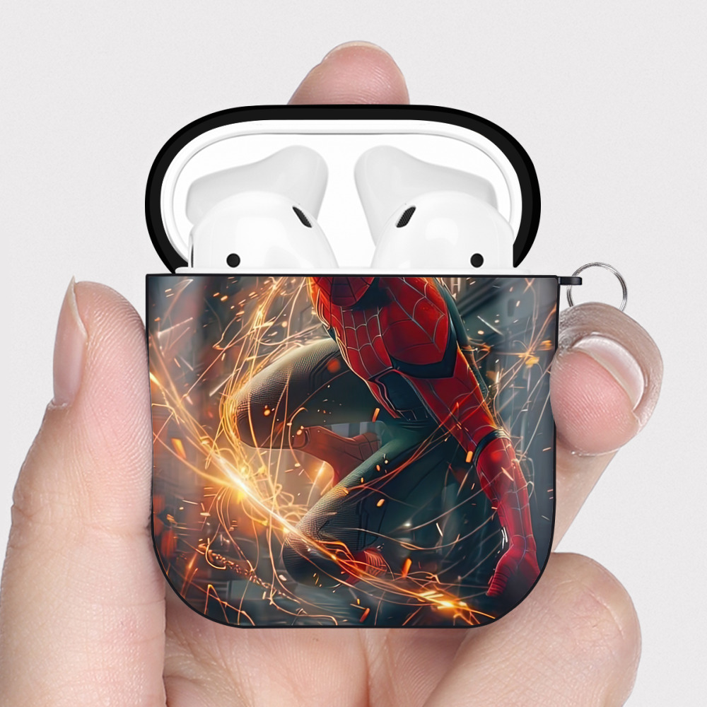 （画像用） Spider Man スパイダーマン AirPods 第2世代保護ケース ハードシェル ブラック 耐衝撃・防指紋・カラビナ付き