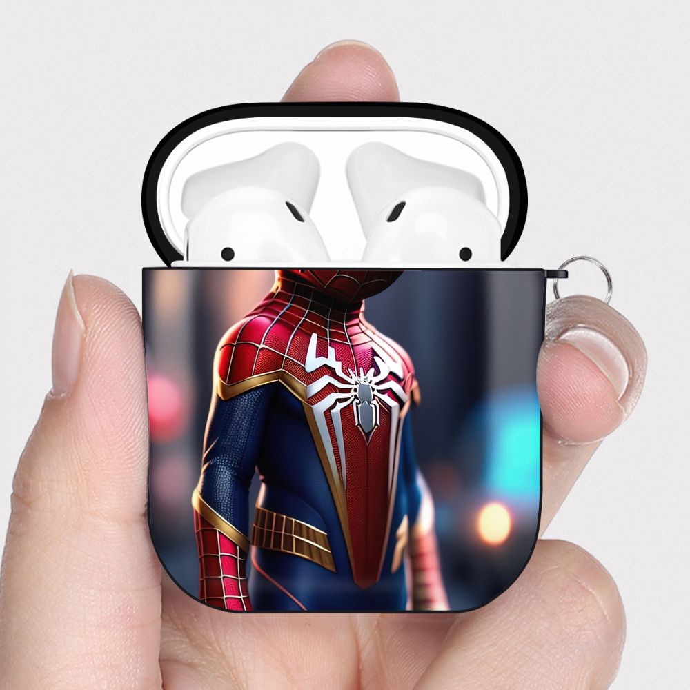 （画像用） Spider Man スパイダーマン AirPods 第2世代保護ケース ハードシェル ブラック 耐衝撃・防指紋・カラビナ付き