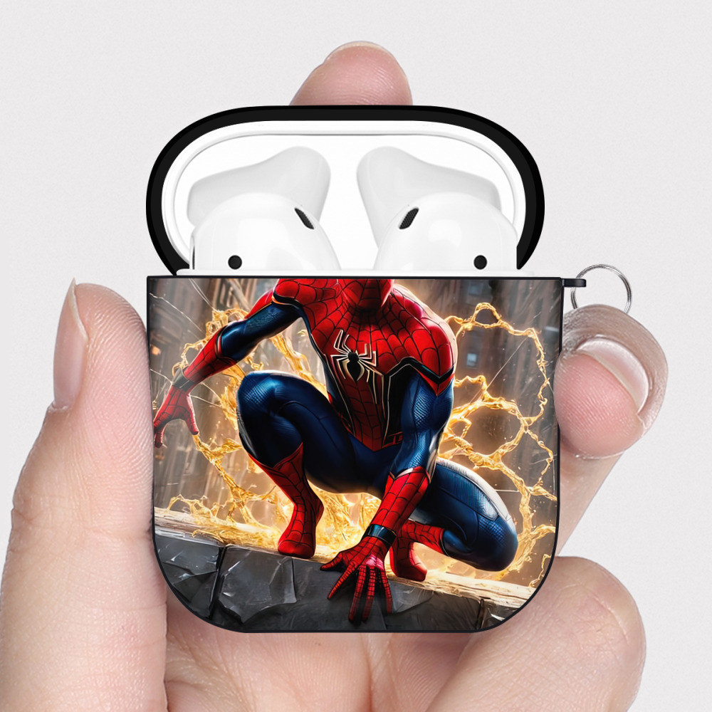 （画像用） Spider Man スパイダーマン AirPods 第2世代保護ケース ハードシェル ブラック 耐衝撃・防指紋・カラビナ付き