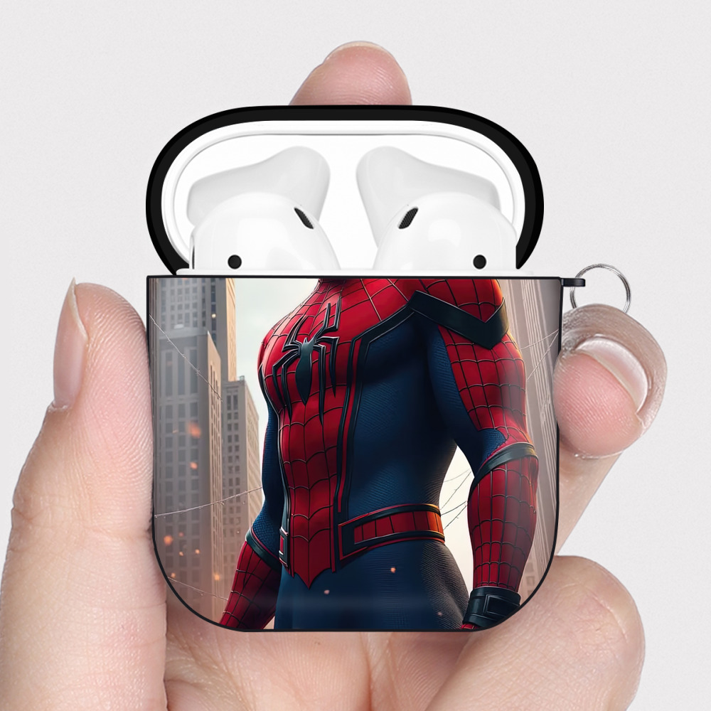 （画像用） Spider Man スパイダーマン AirPods 第2世代保護ケース ハードシェル ブラック 耐衝撃・防指紋・カラビナ付き