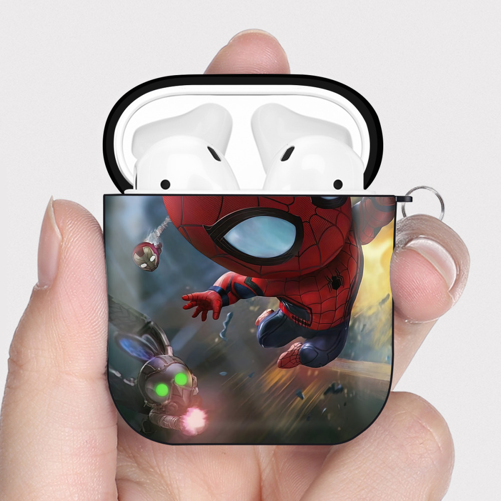 （画像用） Spider Man スパイダーマン AirPods 第2世代保護ケース ハードシェル ブラック 耐衝撃・防指紋・カラビナ付き