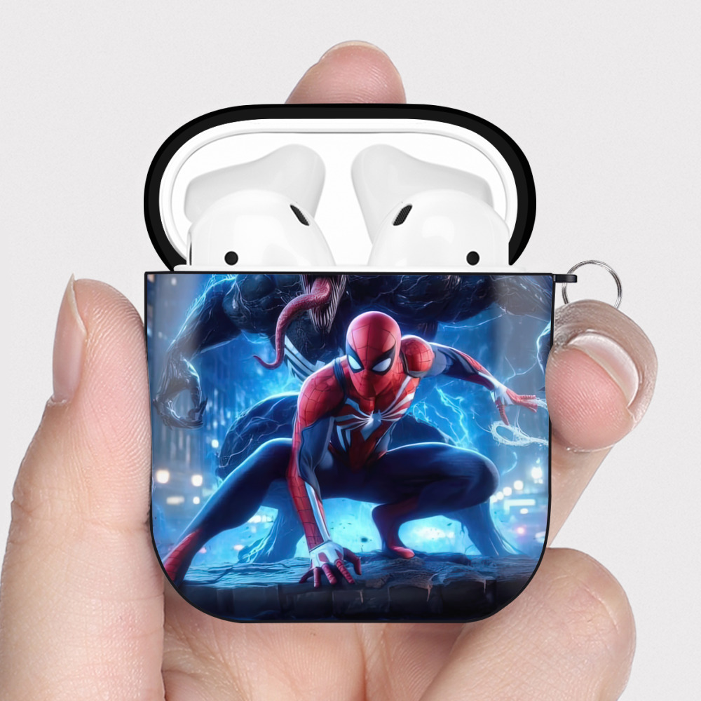 （画像用） Spider Man スパイダーマン AirPods 第2世代保護ケース ハードシェル ブラック 耐衝撃・防指紋・カラビナ付き