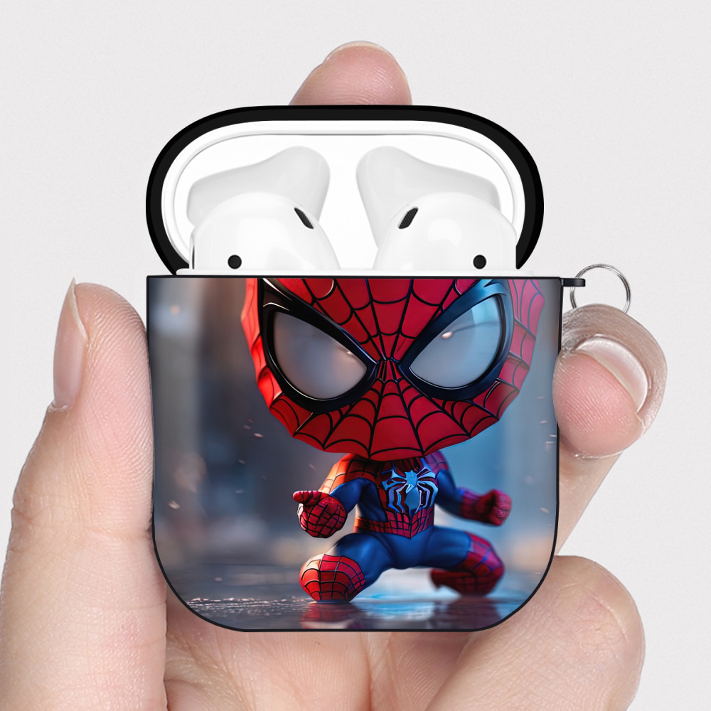 （画像用） Spider Man スパイダーマン AirPods 第2世代保護ケース ハードシェル ブラック 耐衝撃・防指紋・カラビナ付き