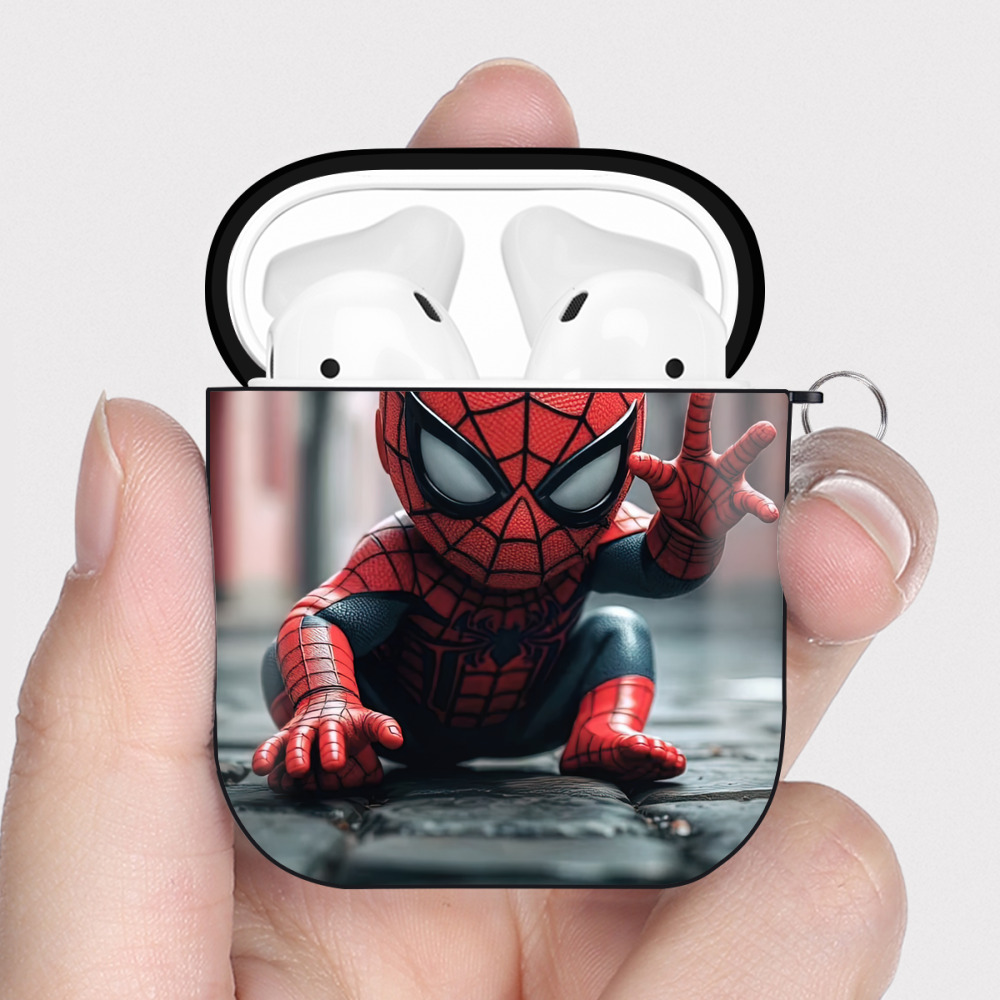 （画像用） Spider Man スパイダーマン AirPods 第2世代保護ケース ハードシェル ブラック 耐衝撃・防指紋・カラビナ付き