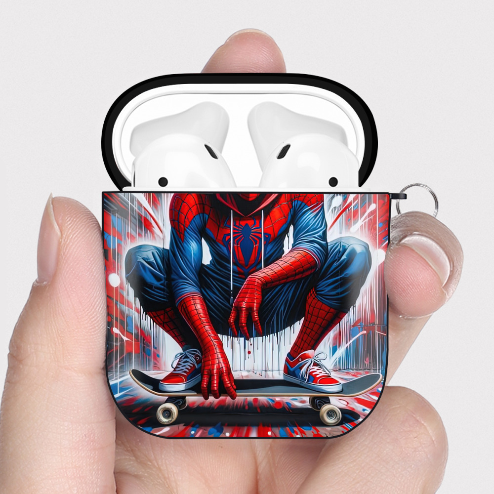 （画像用） Spider Man スパイダーマン AirPods 第2世代保護ケース ハードシェル ブラック 耐衝撃・防指紋・カラビナ付き