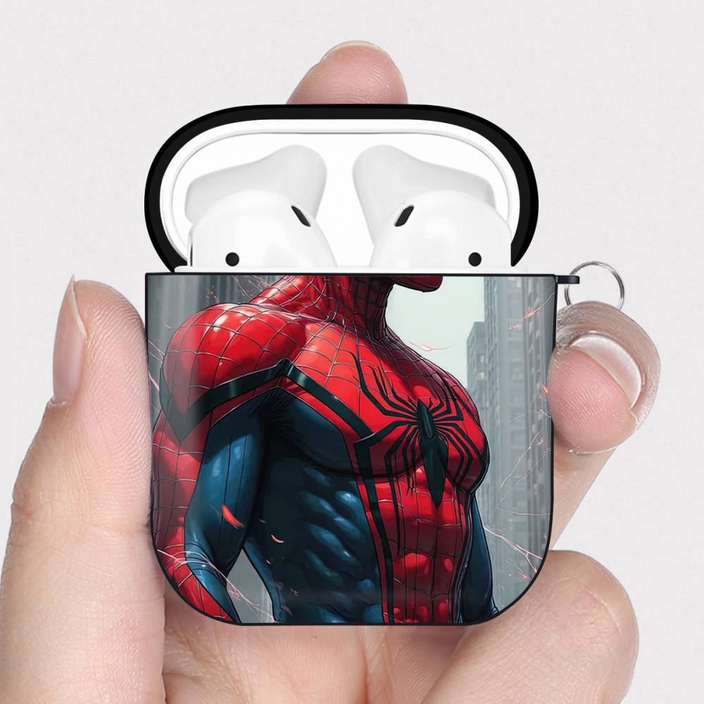 （画像用） Spider Man スパイダーマン AirPods 第2世代保護ケース ハードシェル ブラック 耐衝撃・防指紋・カラビナ付き
