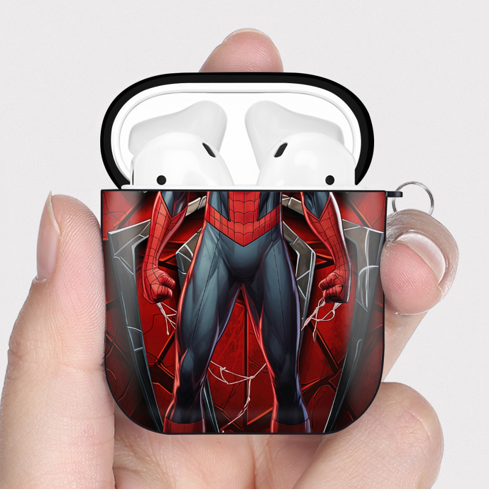 （画像用） Spider Man スパイダーマン AirPods 第2世代保護ケース ハードシェル ブラック 耐衝撃・防指紋・カラビナ付き