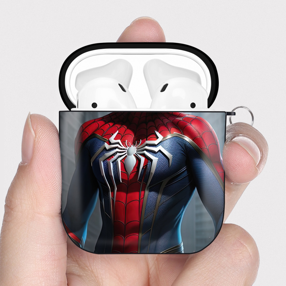 （画像用） Spider Man スパイダーマン AirPods 第2世代保護ケース ハードシェル ブラック 耐衝撃・防指紋・カラビナ付き