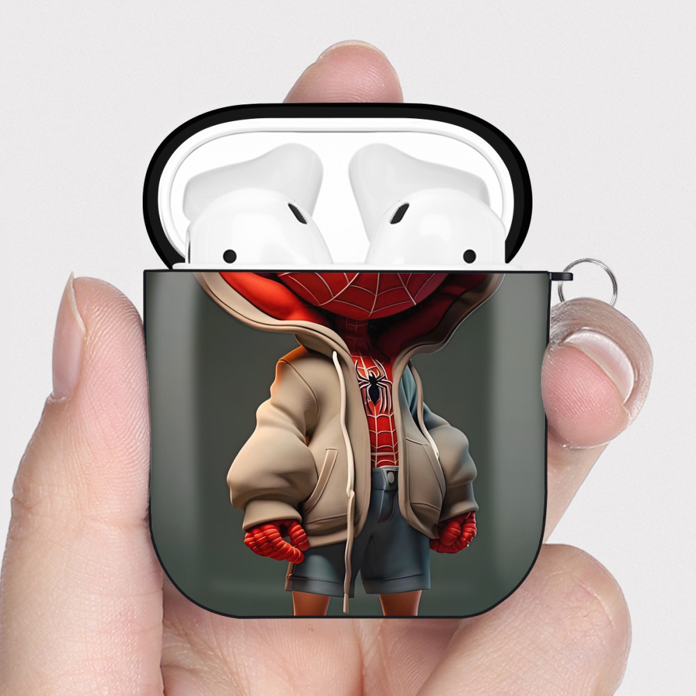 （画像用） Spider Man スパイダーマン AirPods 第2世代保護ケース ハードシェル ブラック 耐衝撃・防指紋・カラビナ付き