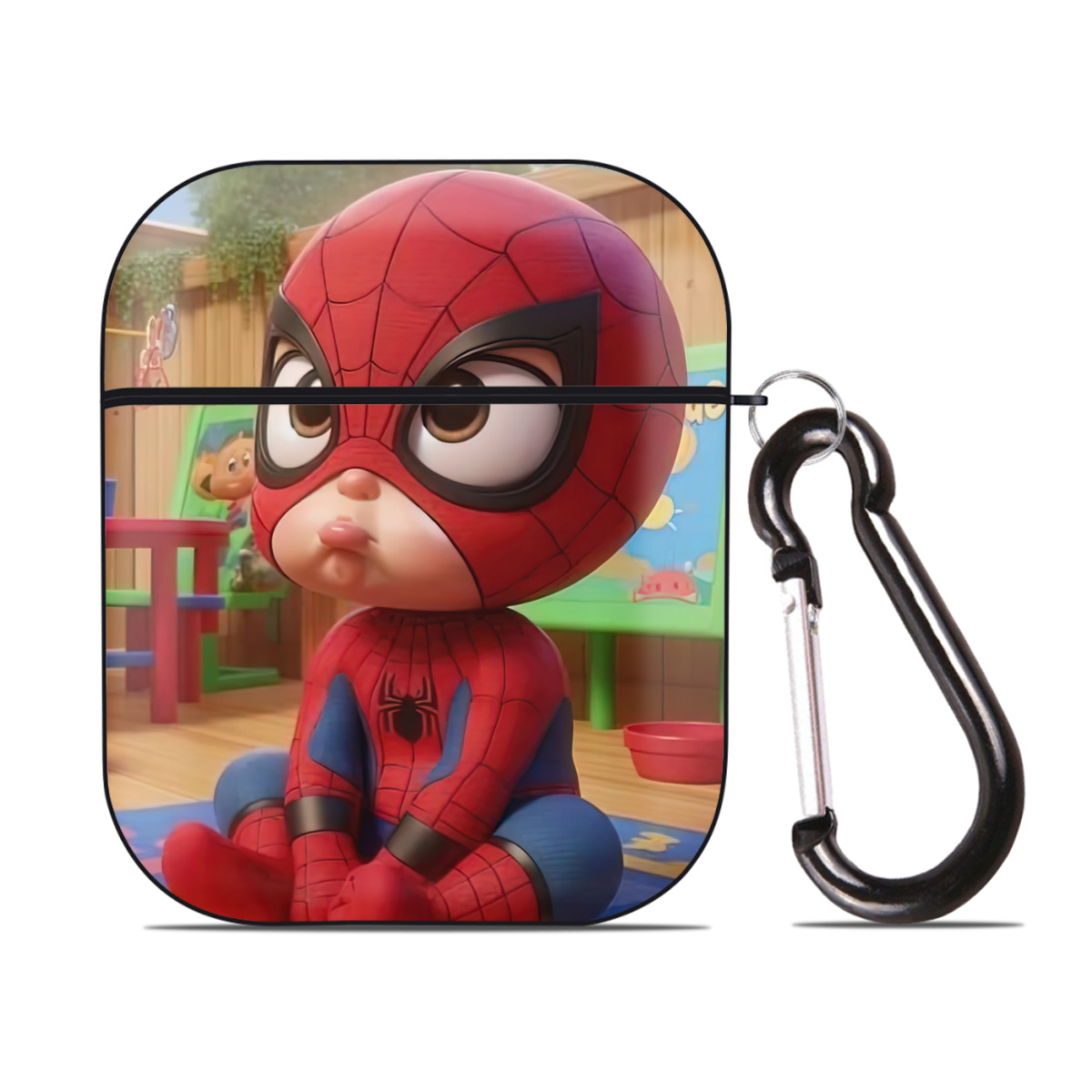 （画像用） Spider Man スパイダーマン AirPods 第2世代保護ケース ハードシェル ブラック 耐衝撃・防指紋・カラビナ付き