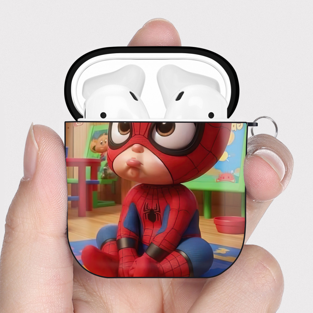 （画像用） Spider Man スパイダーマン AirPods 第2世代保護ケース ハードシェル ブラック 耐衝撃・防指紋・カラビナ付き