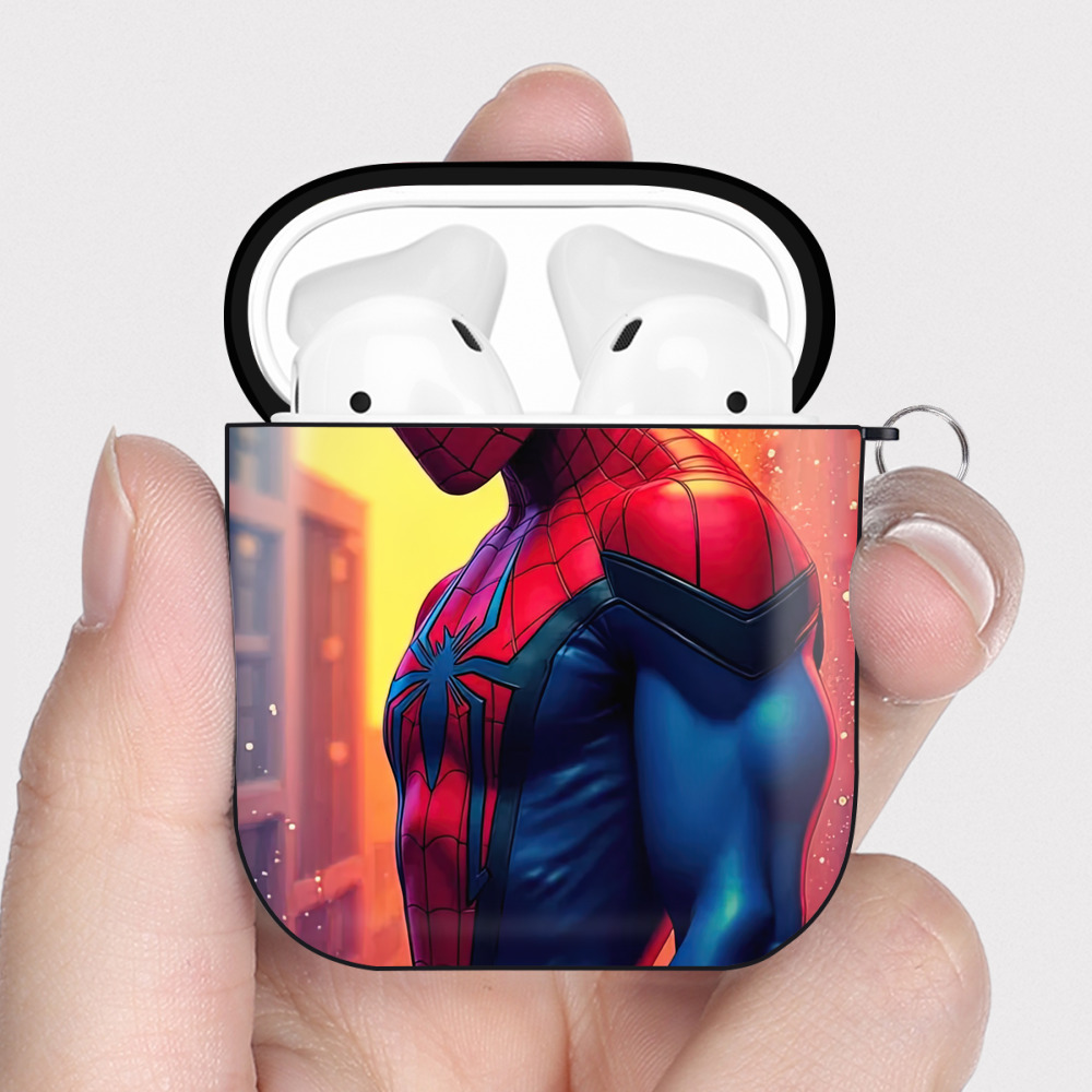 （画像用） Spider Man スパイダーマン AirPods 第2世代保護ケース ハードシェル ブラック 耐衝撃・防指紋・カラビナ付き