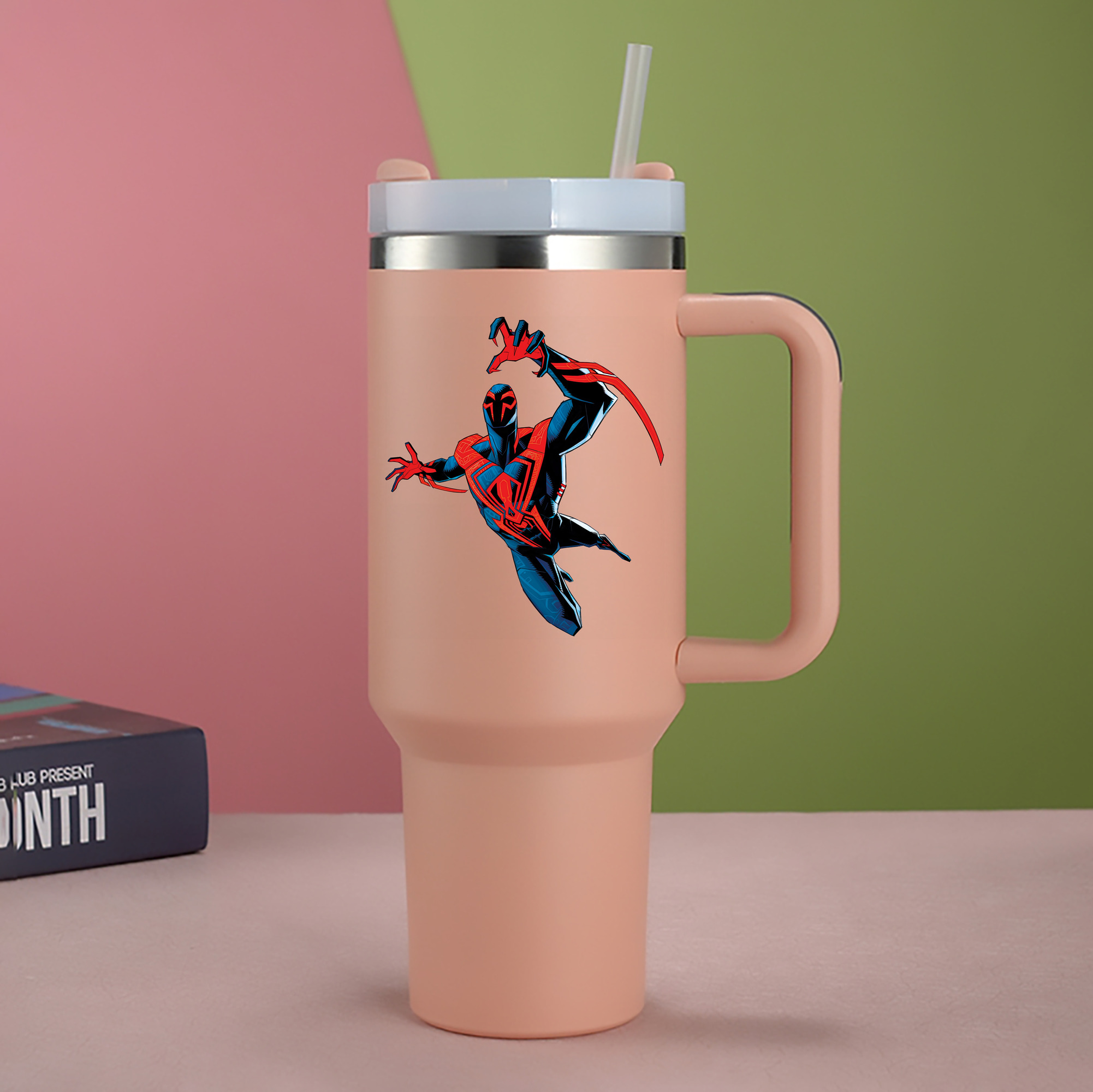 （画像用） Spider Man スパイダーマン 1200mL車用タンブラー - クリスタルステッカー（プラスチックストロー付き）