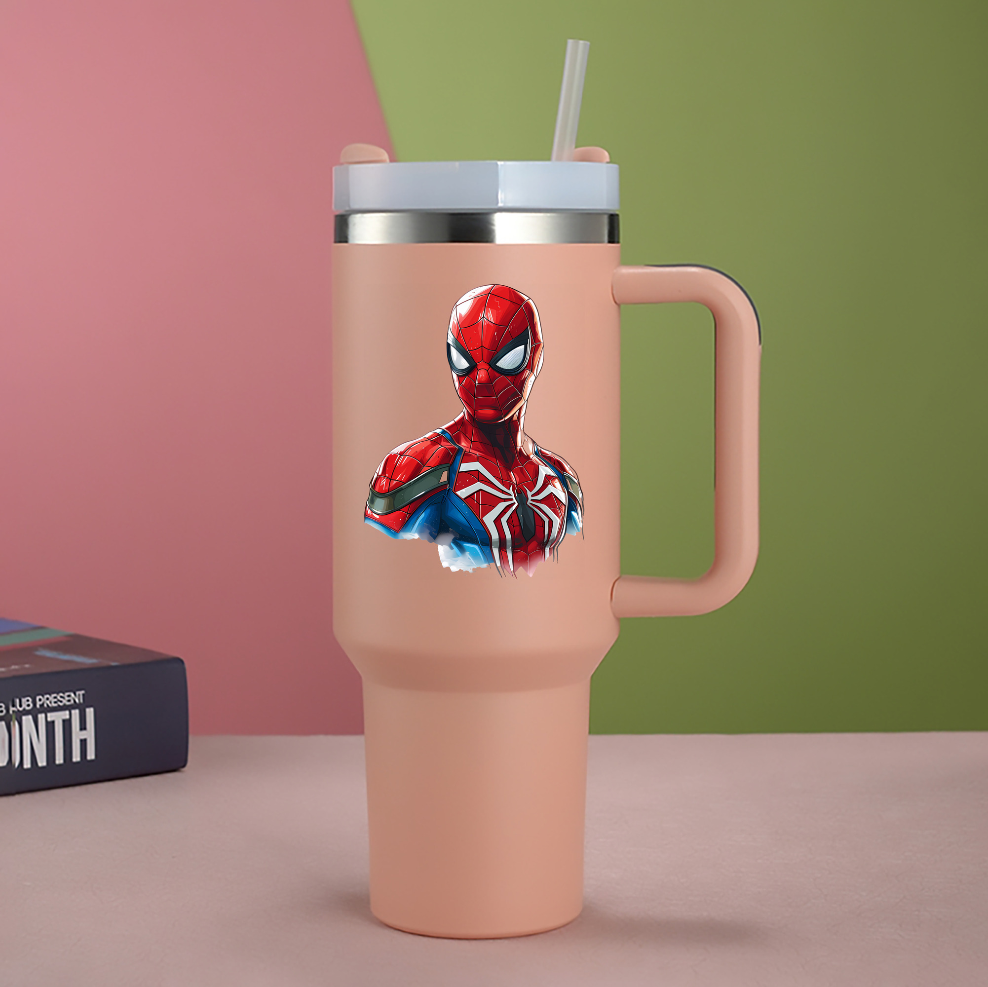 （画像用） Spider Man スパイダーマン 1200mL車用タンブラー - クリスタルステッカー（プラスチックストロー付き）