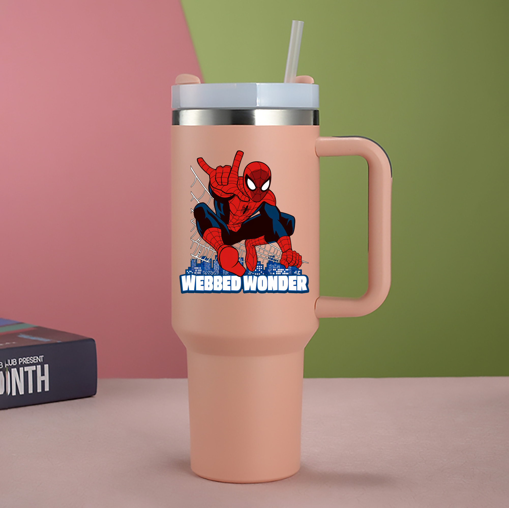 （画像用） Spider Man スパイダーマン 1200mL車用タンブラー - クリスタルステッカー（プラスチックストロー付き）