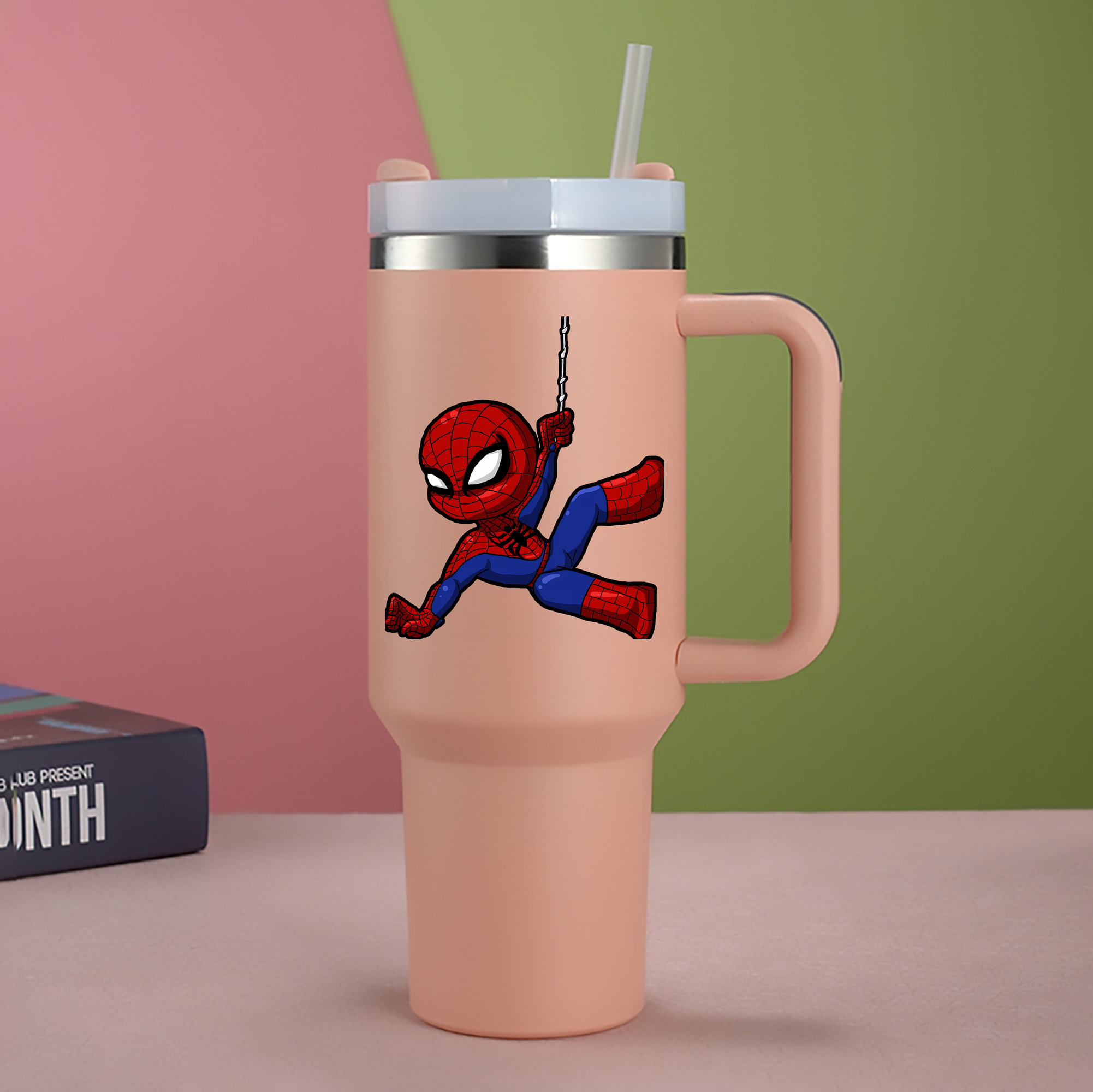 （画像用） Spider Man スパイダーマン 1200mL車用タンブラー - クリスタルステッカー（プラスチックストロー付き）