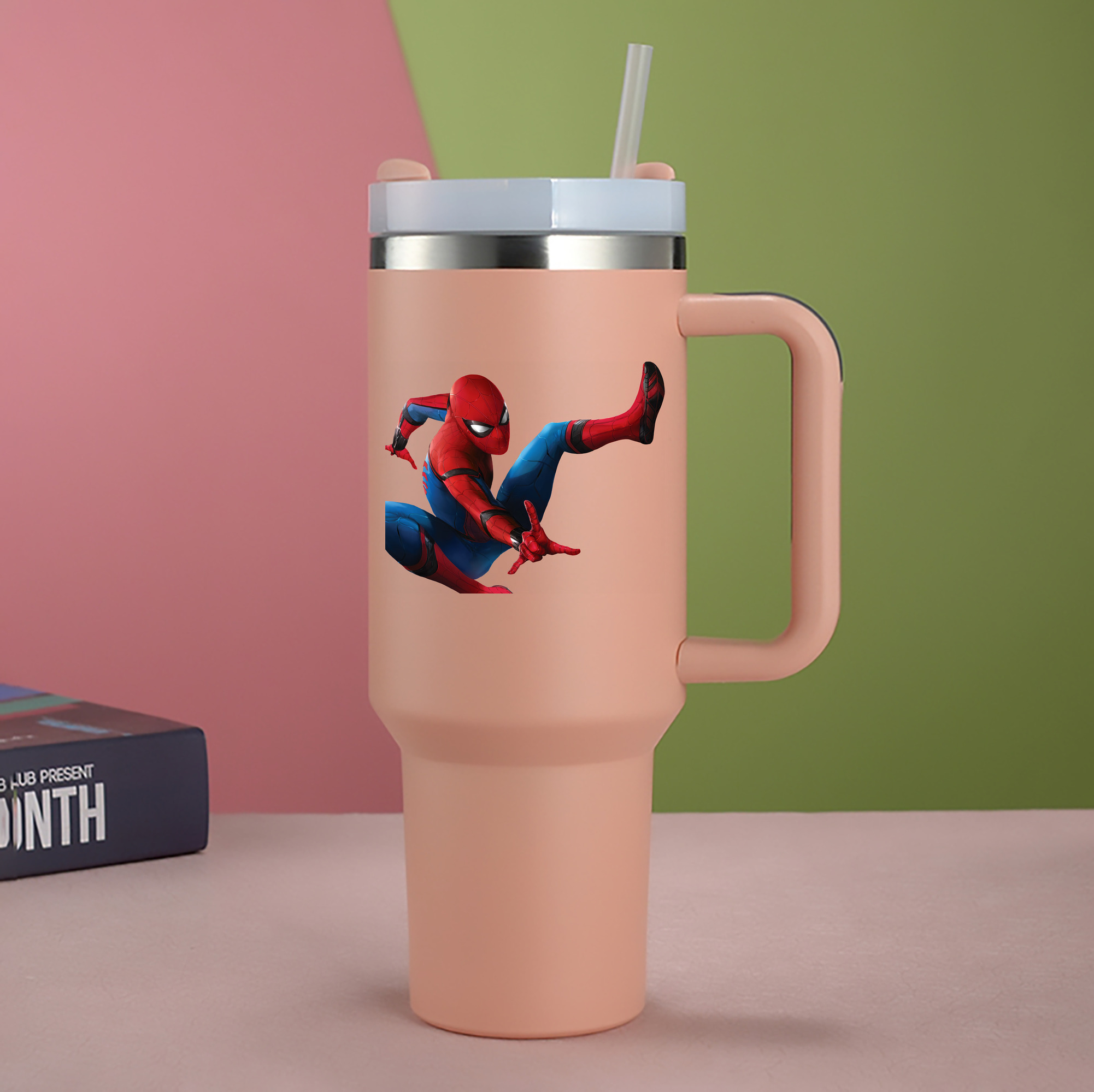 （画像用） Spider Man スパイダーマン 1200mL車用タンブラー - クリスタルステッカー（プラスチックストロー付き）