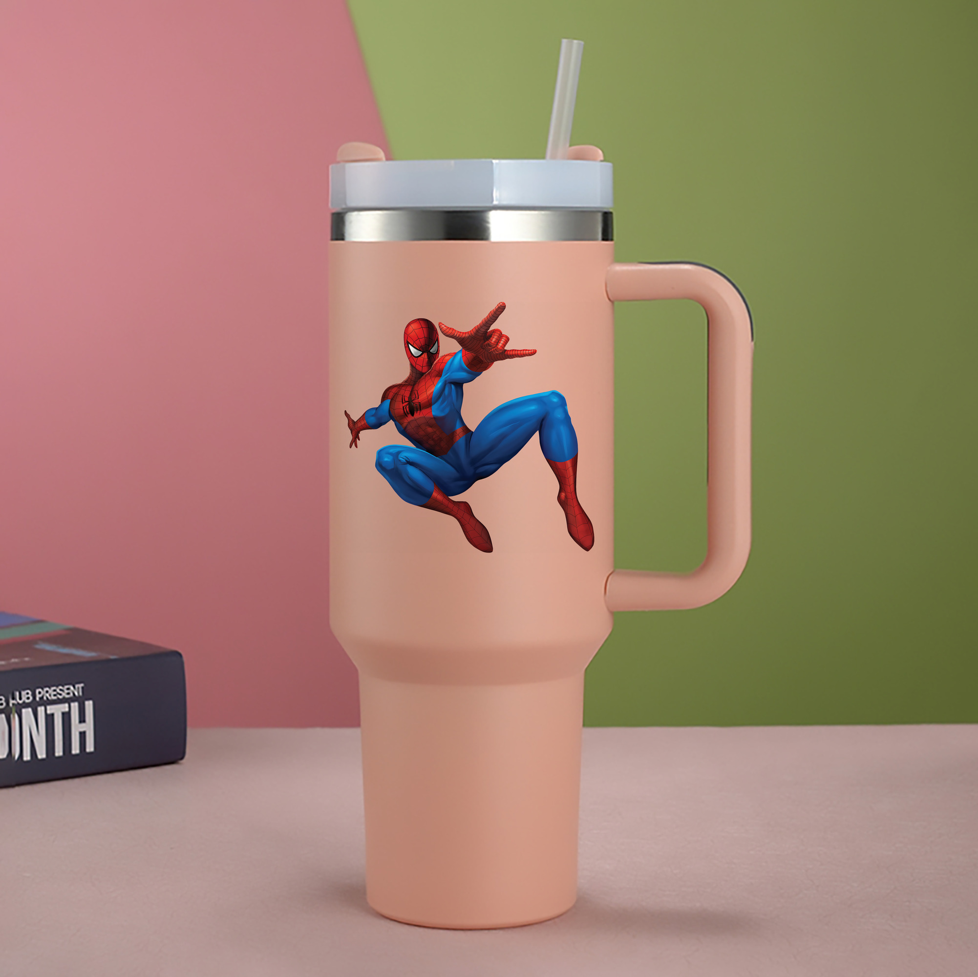 （画像用） Spider Man スパイダーマン 1200mL車用タンブラー - クリスタルステッカー（プラスチックストロー付き）