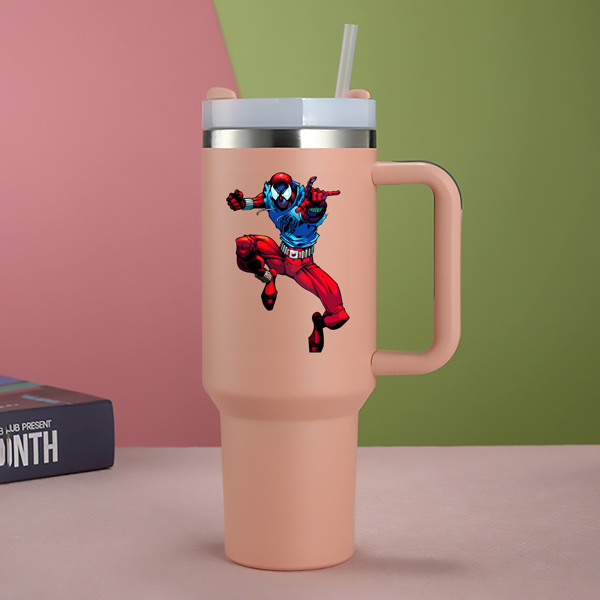 （画像用） Spider Man スパイダーマン 1200mL車用タンブラー - クリスタルステッカー（プラスチックストロー付き）