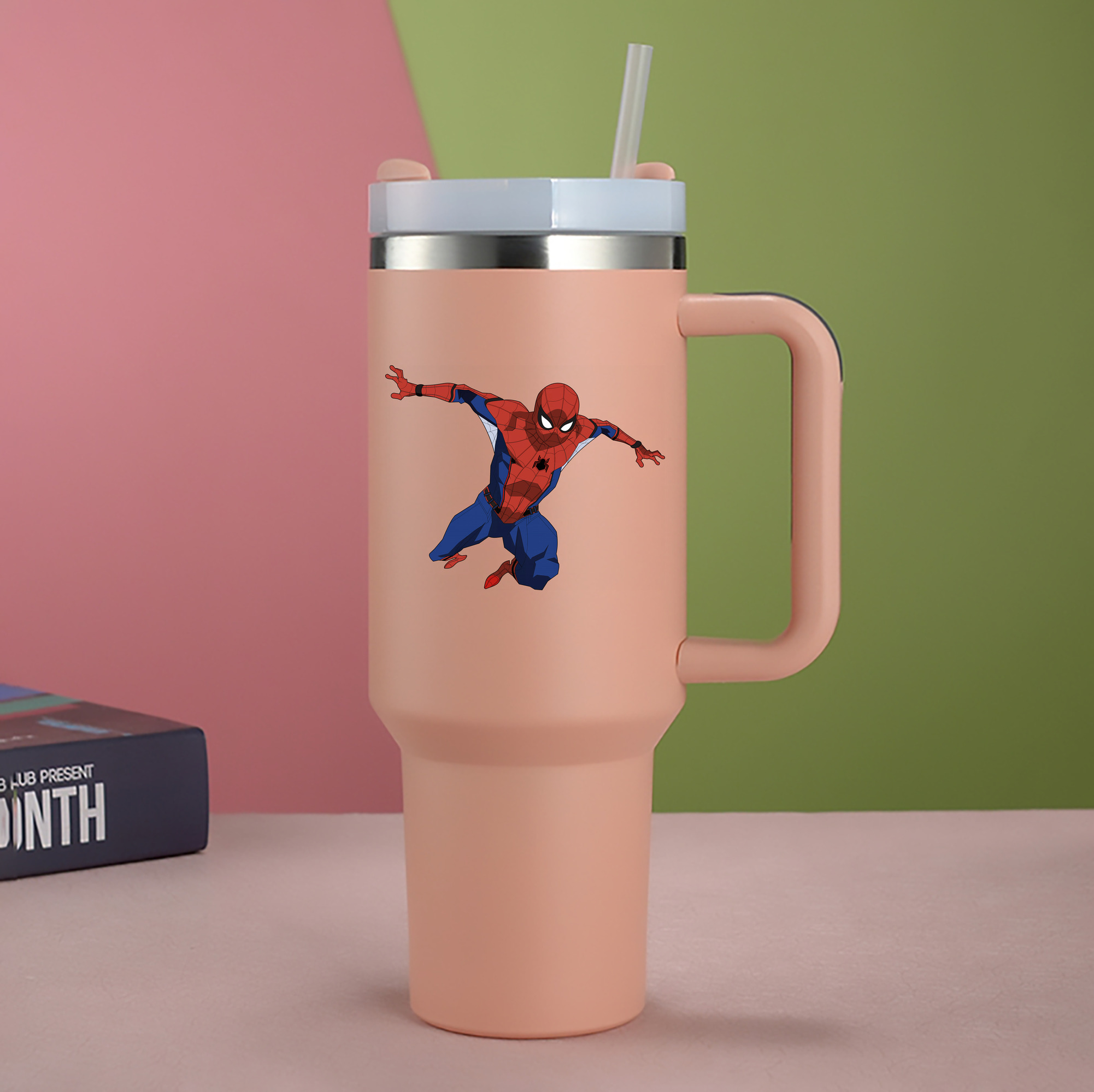 （画像用） Spider Man スパイダーマン 1200mL車用タンブラー - クリスタルステッカー（プラスチックストロー付き）