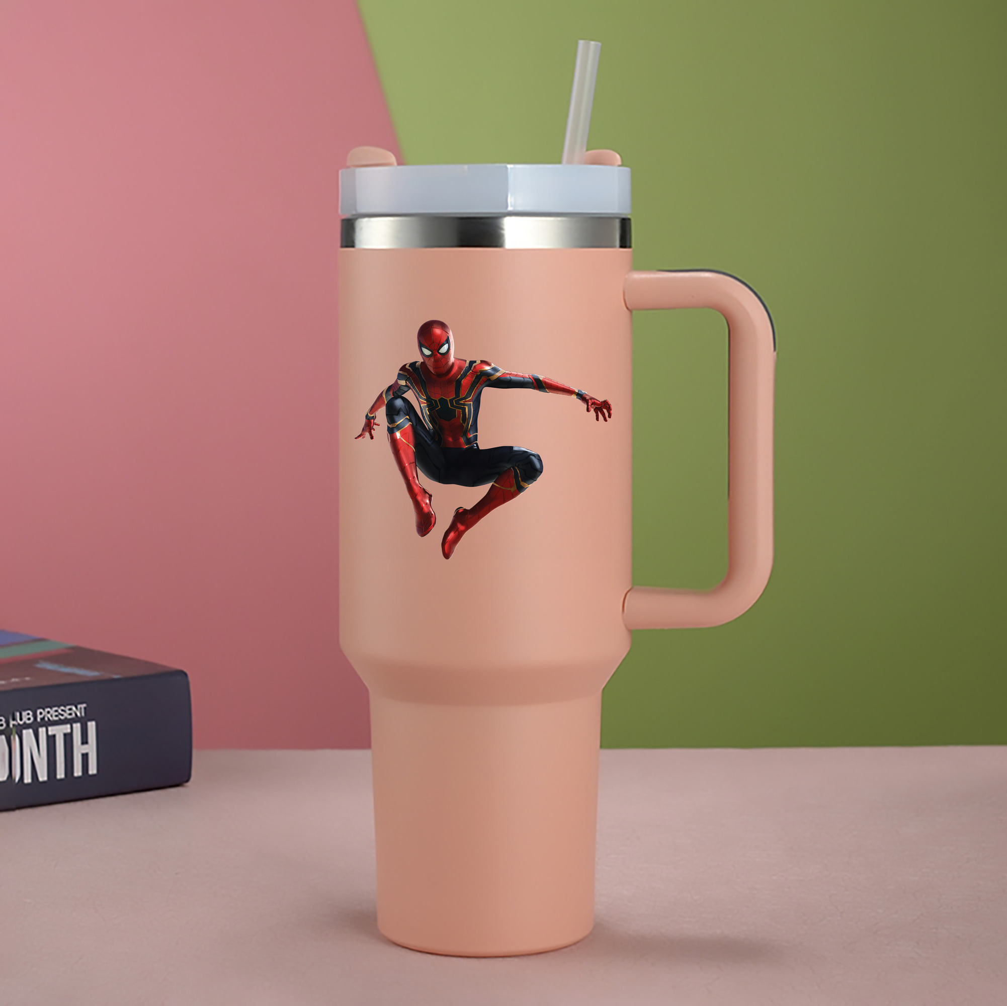 （画像用） Spider Man スパイダーマン 1200mL車用タンブラー - クリスタルステッカー（プラスチックストロー付き）