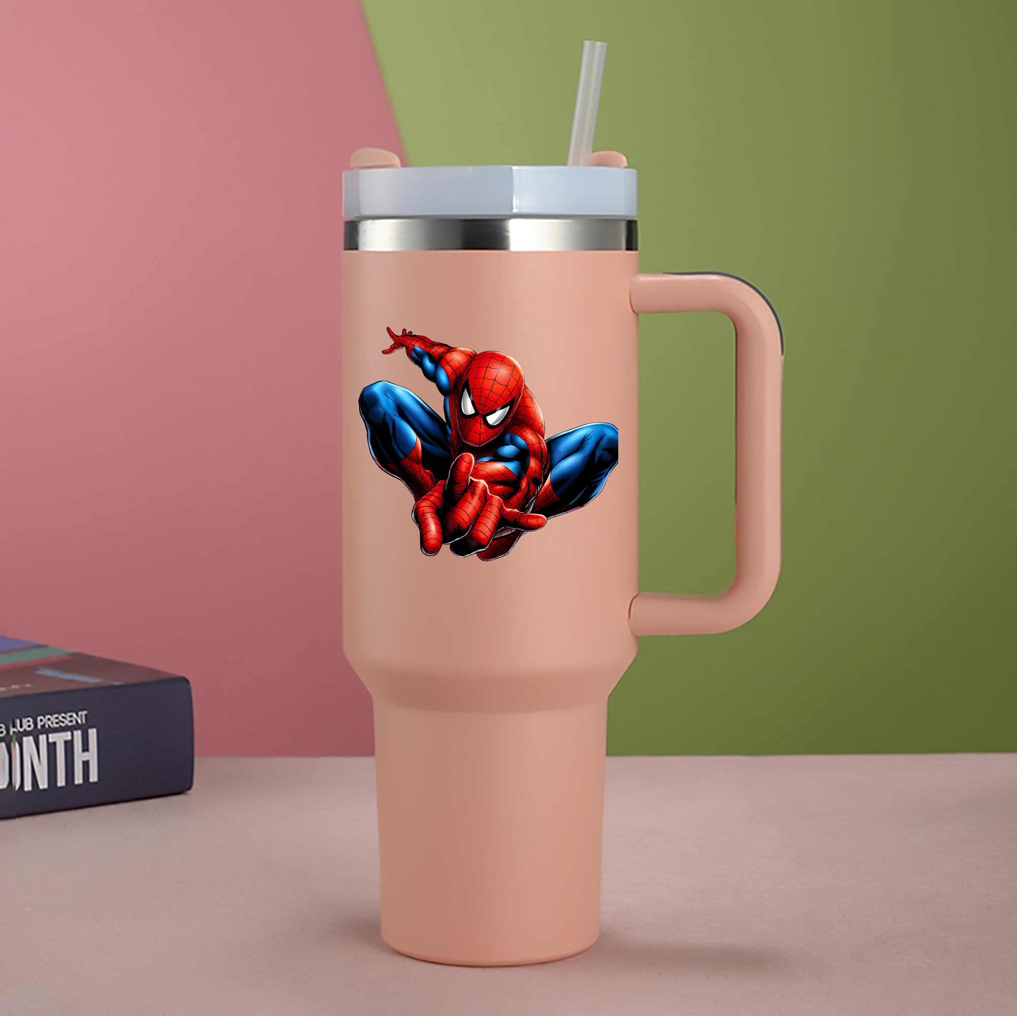（画像用） Spider Man スパイダーマン 1200mL車用タンブラー - クリスタルステッカー（プラスチックストロー付き）