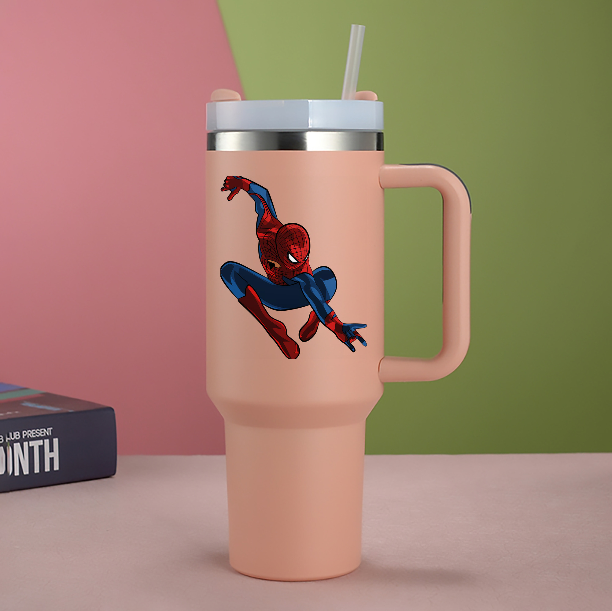 （画像用） Spider Man スパイダーマン 1200mL車用タンブラー - クリスタルステッカー（プラスチックストロー付き）