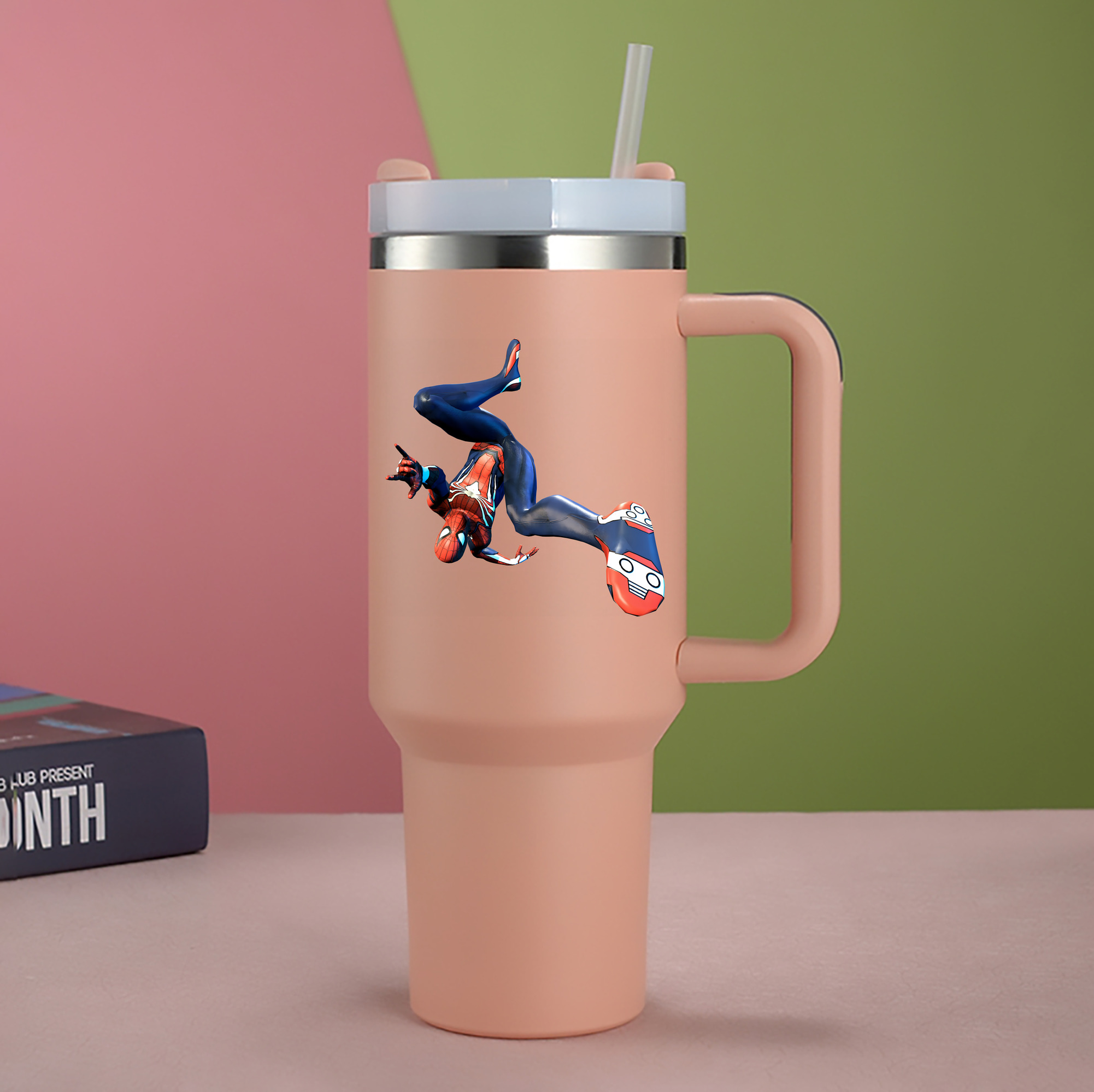 （画像用） Spider Man スパイダーマン 1200mL車用タンブラー - クリスタルステッカー（プラスチックストロー付き）