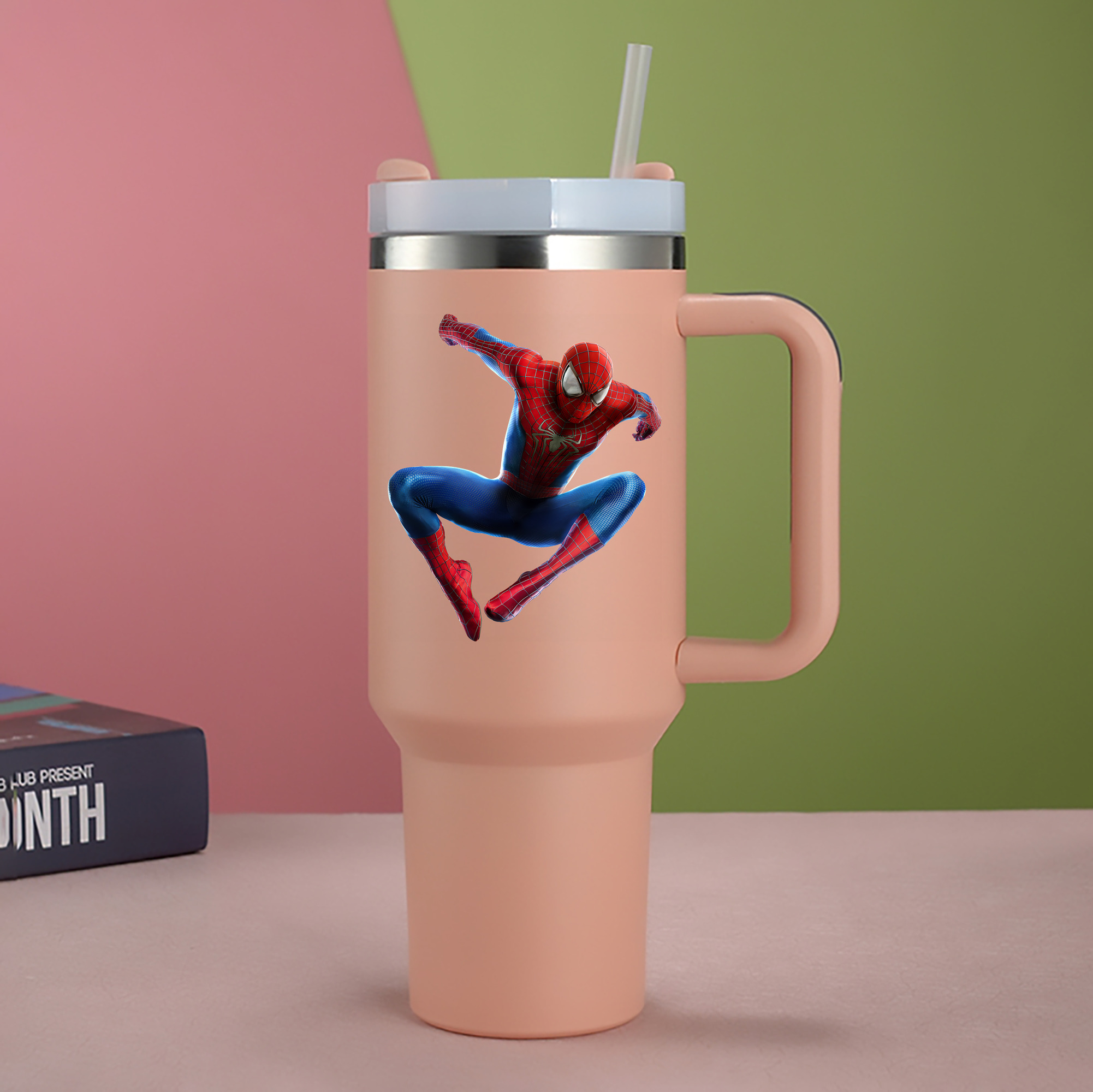 （画像用） Spider Man スパイダーマン 1200mL車用タンブラー - クリスタルステッカー（プラスチックストロー付き）