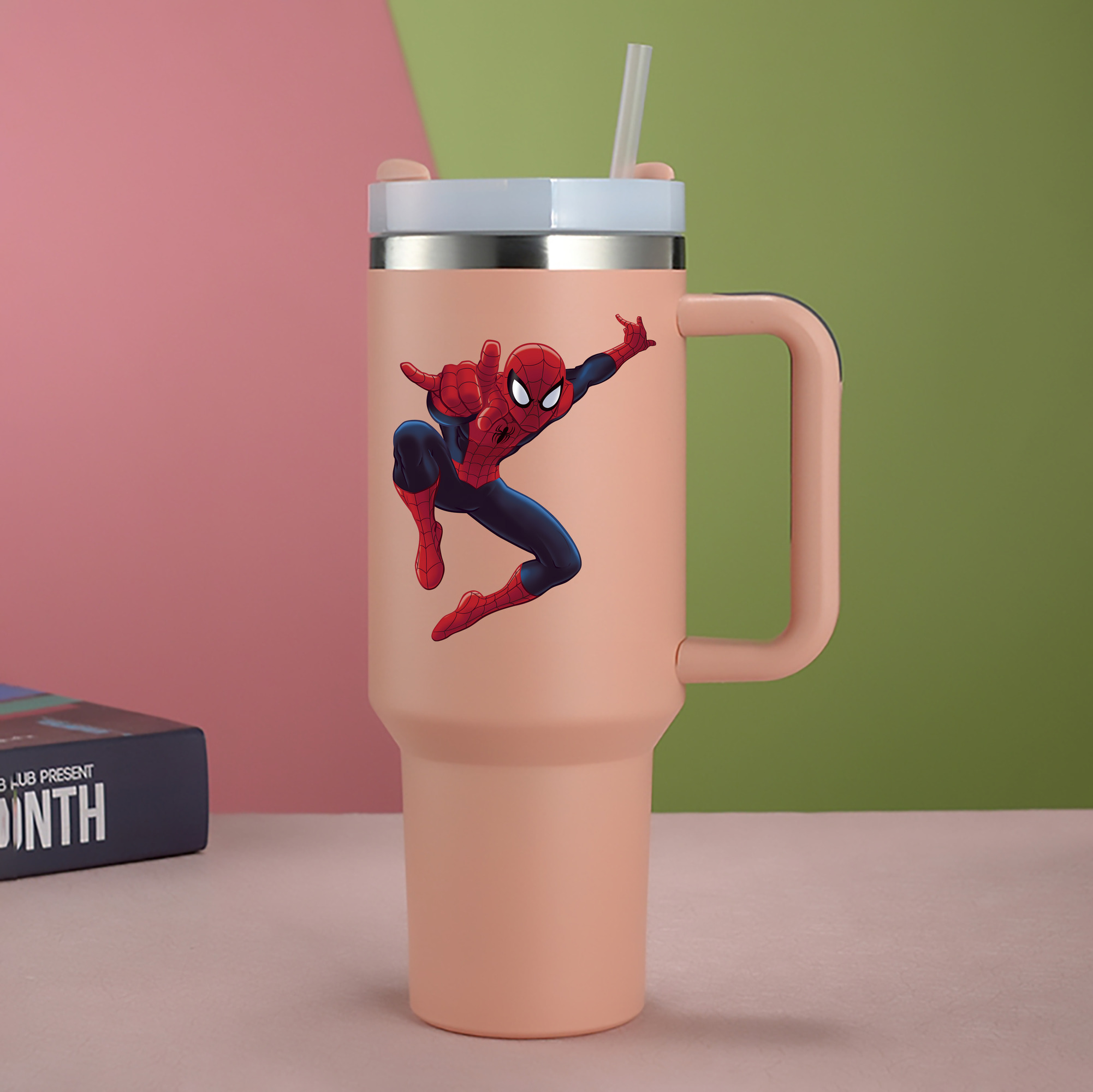 （画像用） Spider Man スパイダーマン 1200mL車用タンブラー - クリスタルステッカー（プラスチックストロー付き）