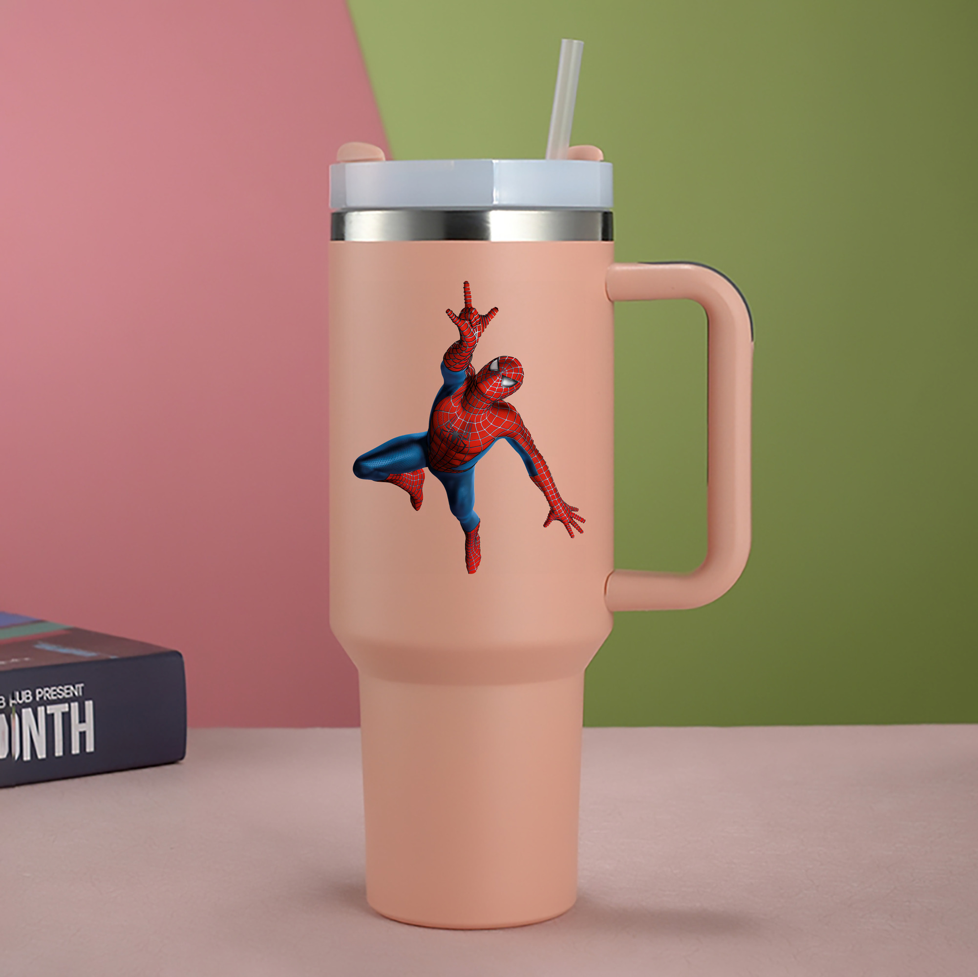 （画像用） Spider Man スパイダーマン 1200mL車用タンブラー - クリスタルステッカー（プラスチックストロー付き）