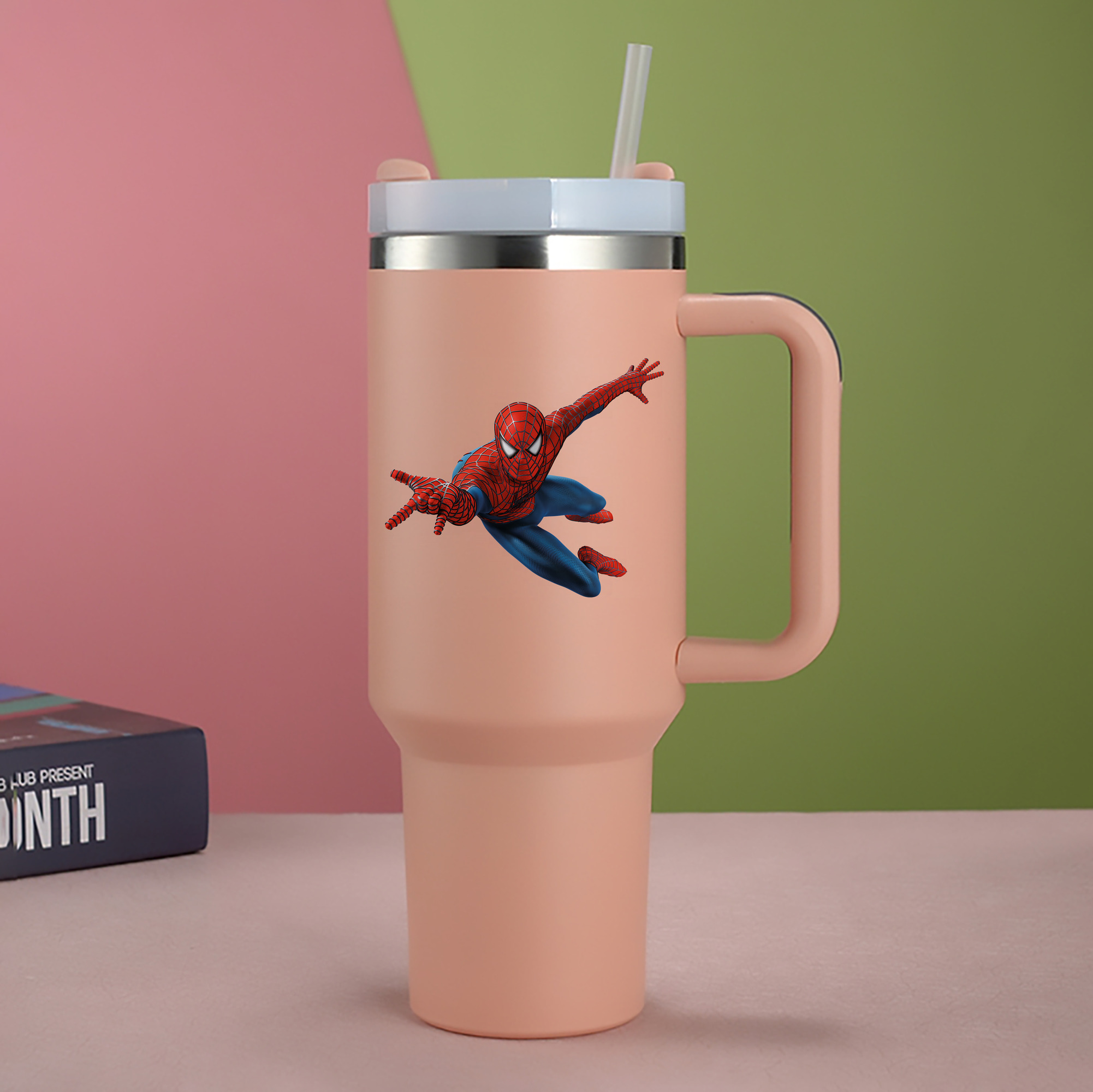 （画像用） Spider Man スパイダーマン 1200mL車用タンブラー - クリスタルステッカー（プラスチックストロー付き）