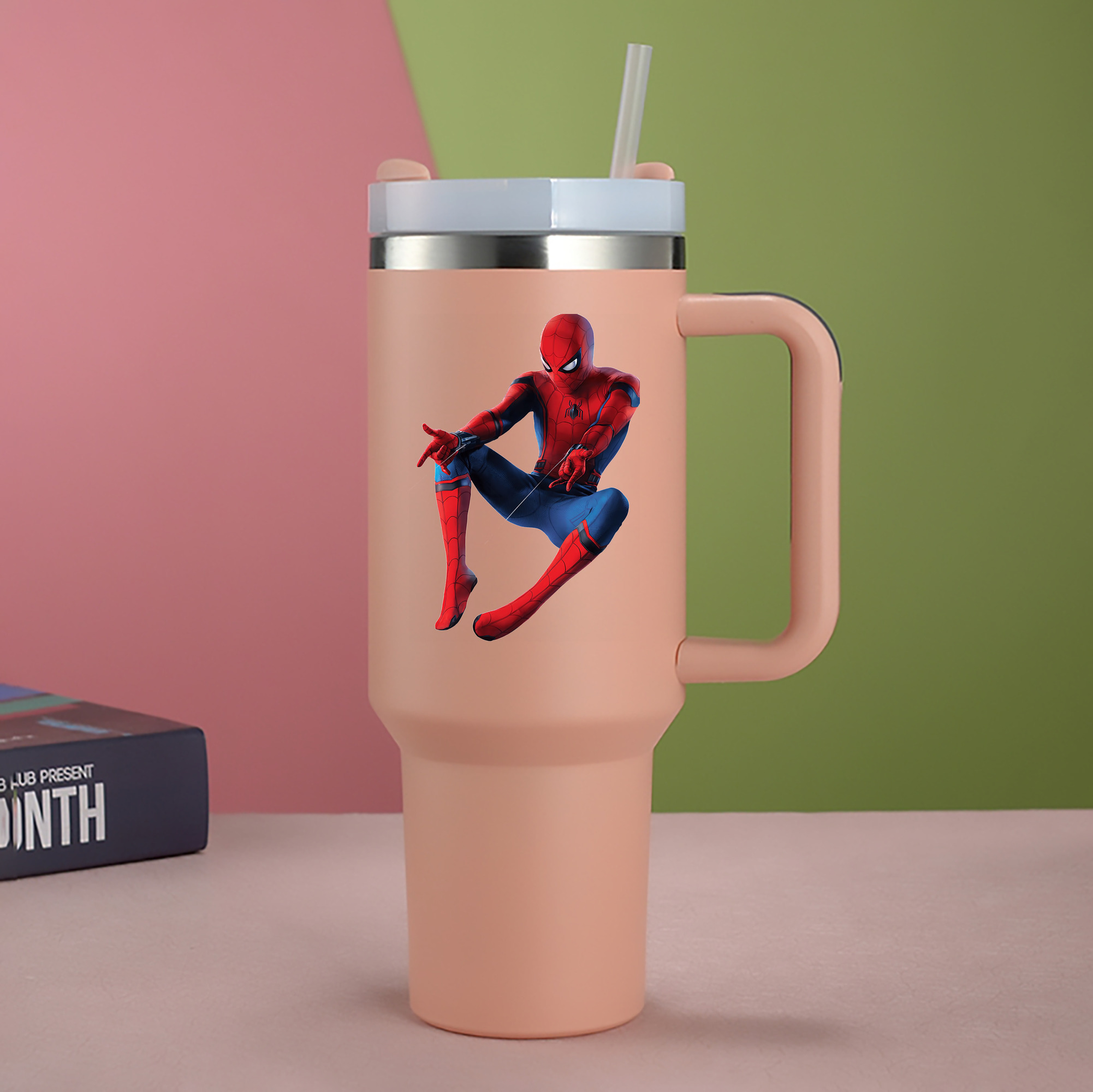（画像用） Spider Man スパイダーマン 1200mL車用タンブラー - クリスタルステッカー（プラスチックストロー付き）