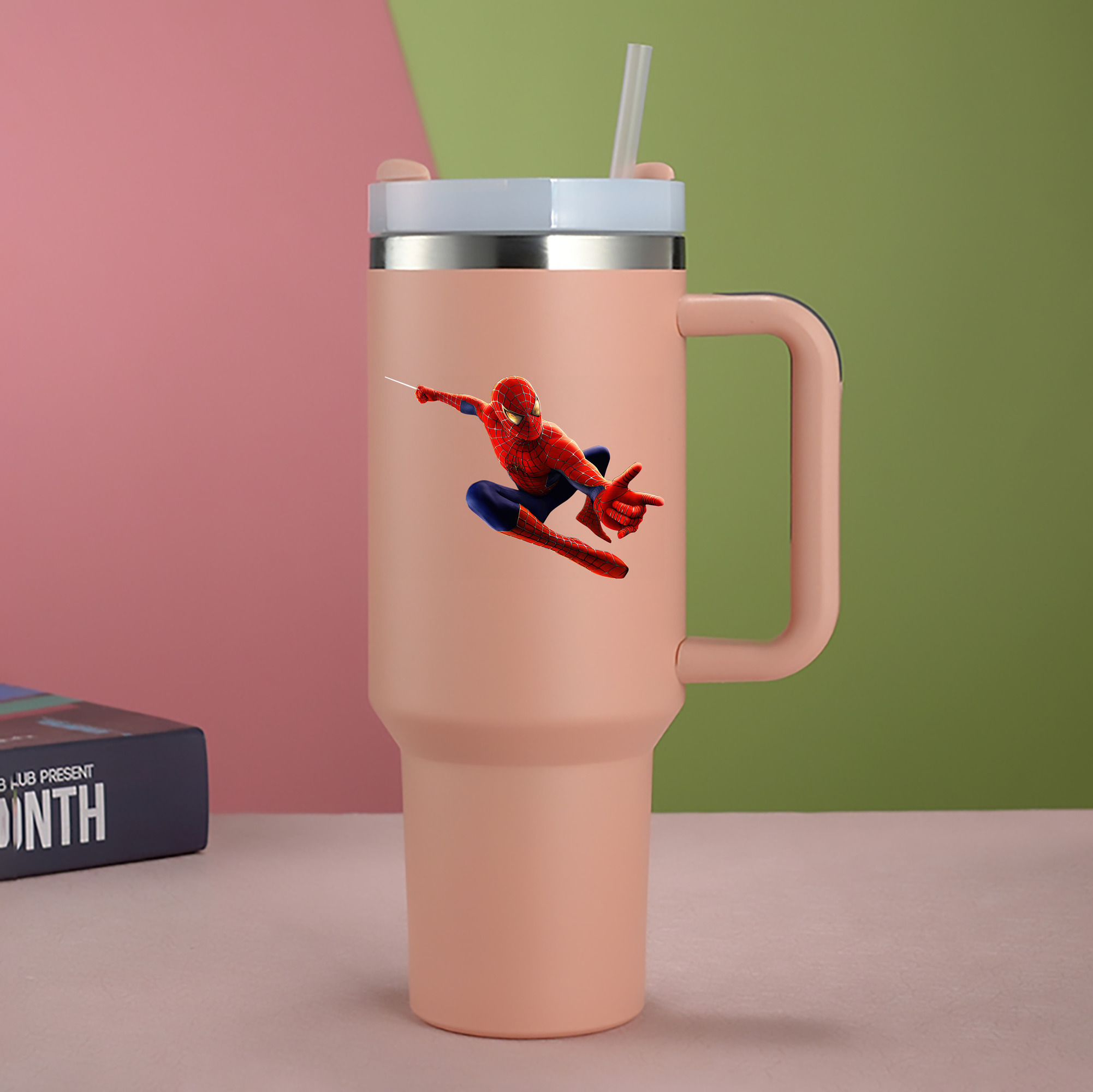 （画像用） Spider Man スパイダーマン 1200mL車用タンブラー - クリスタルステッカー（プラスチックストロー付き）