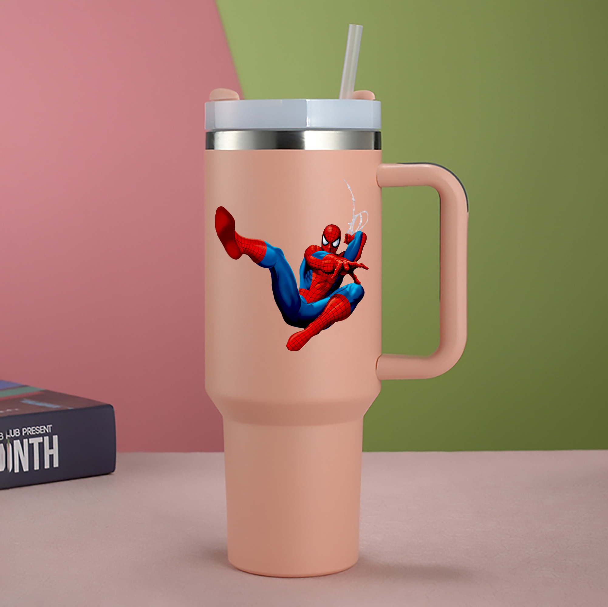 （画像用） Spider Man スパイダーマン 1200mL車用タンブラー - クリスタルステッカー（プラスチックストロー付き）