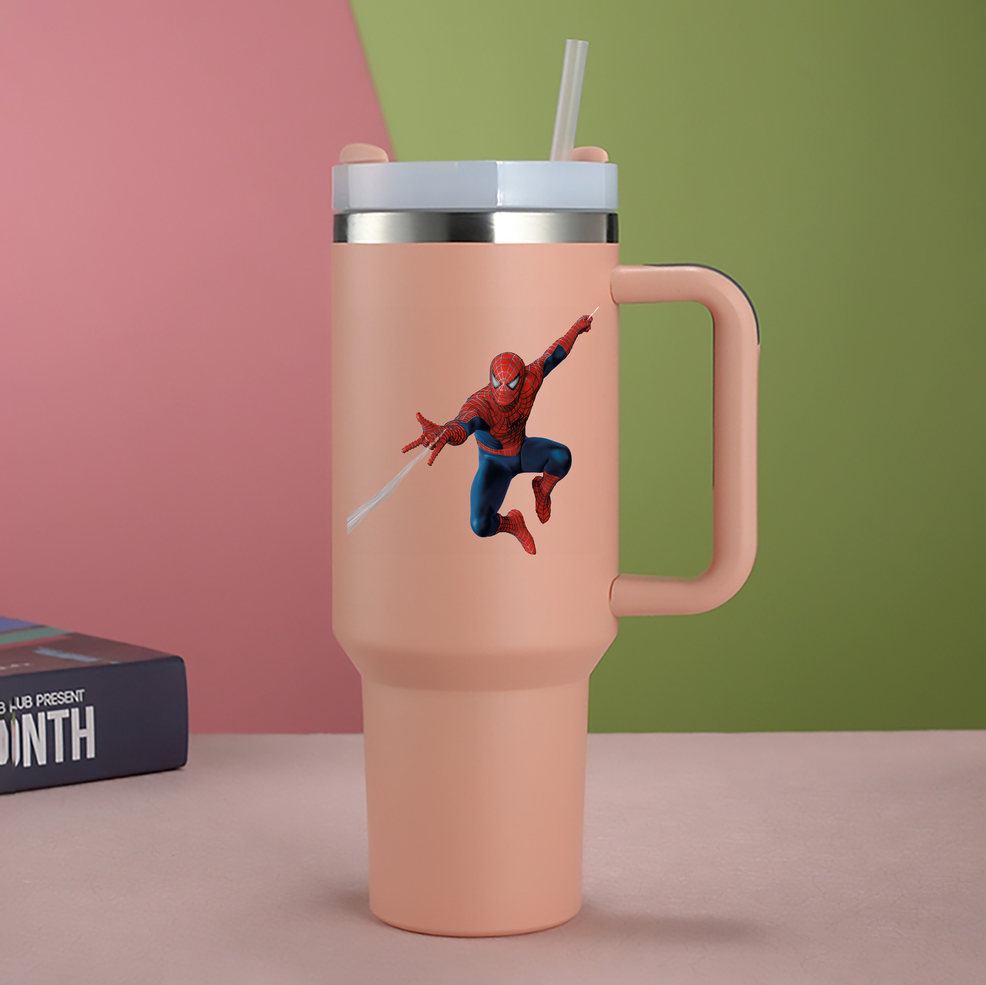（画像用） Spider Man スパイダーマン 1200mL車用タンブラー - クリスタルステッカー（プラスチックストロー付き）
