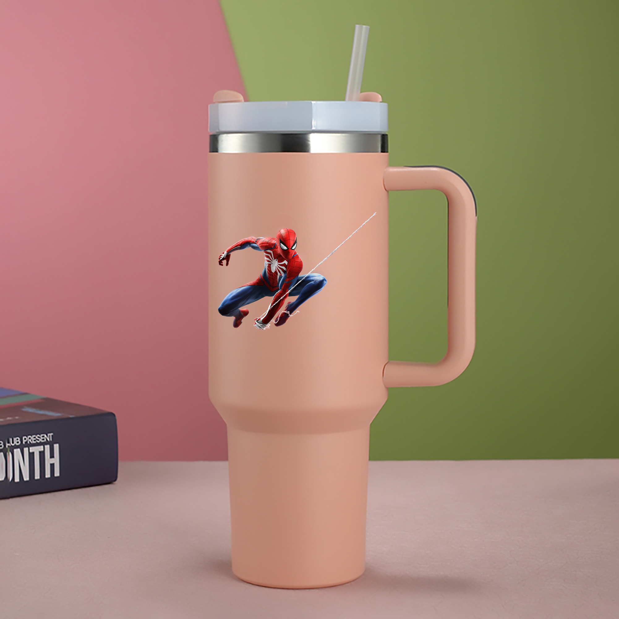 （画像用） Spider Man スパイダーマン 1200mL車用タンブラー - クリスタルステッカー（プラスチックストロー付き）