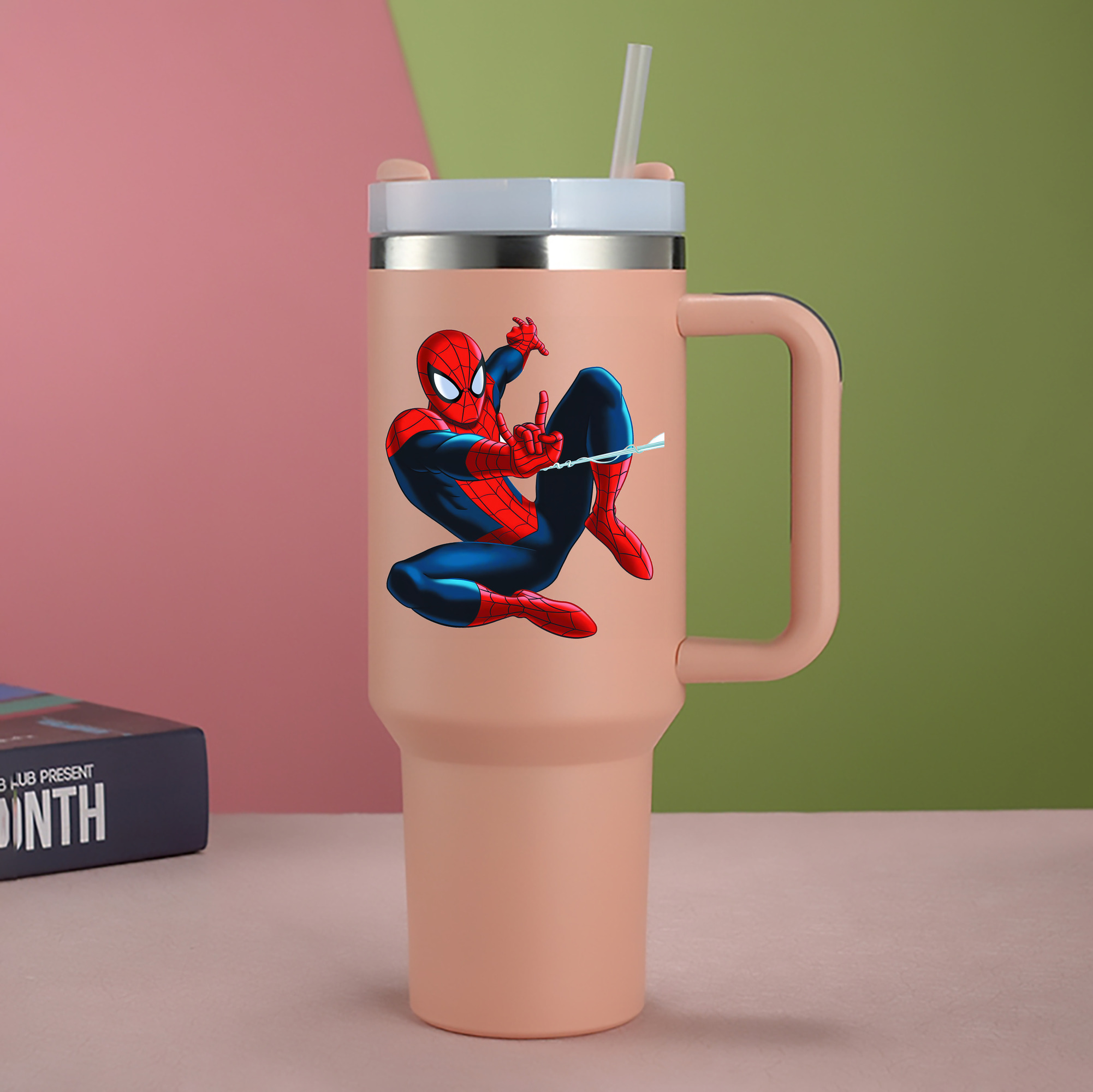 （画像用） Spider Man スパイダーマン 1200mL車用タンブラー - クリスタルステッカー（プラスチックストロー付き）