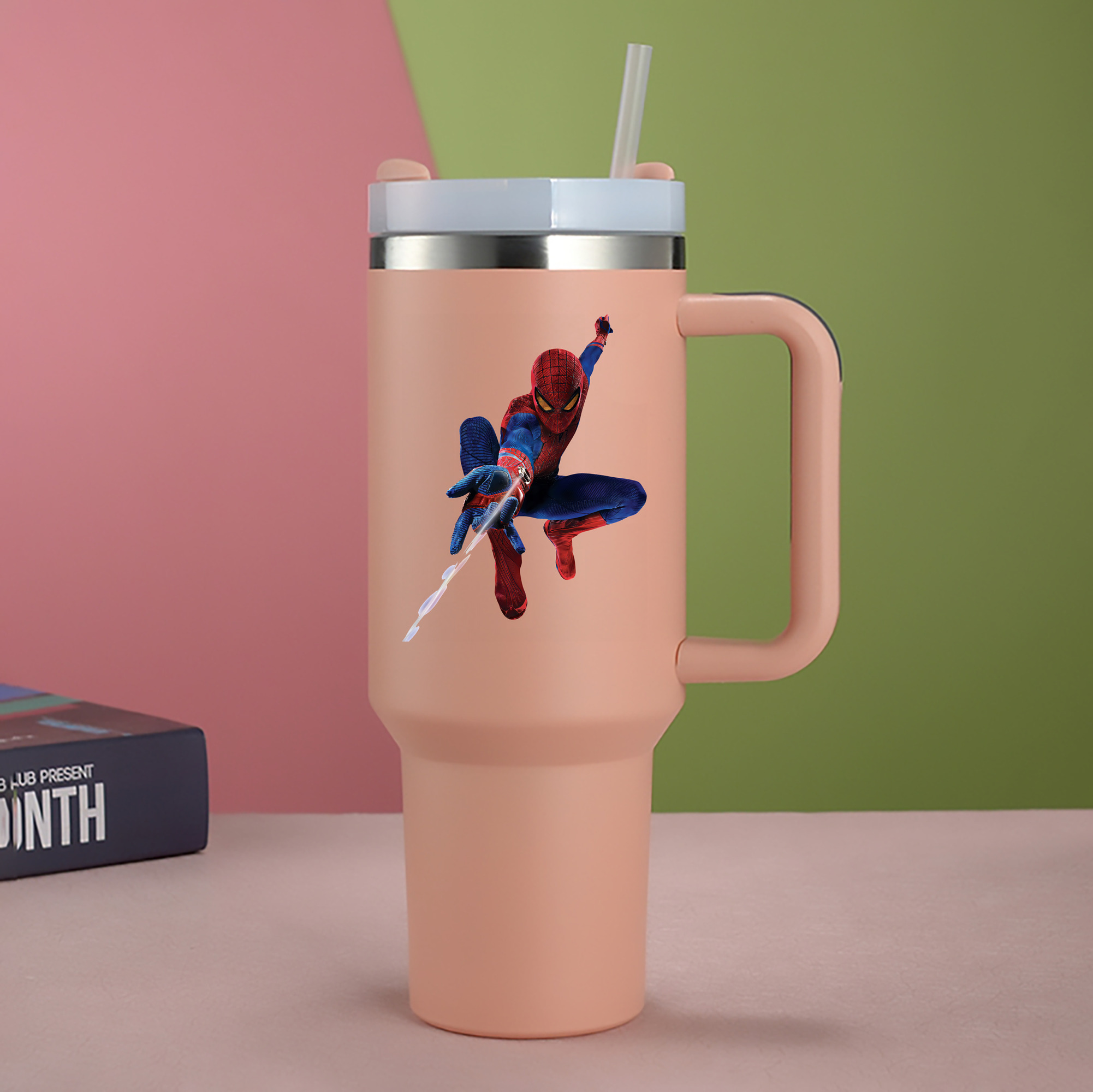 （画像用） Spider Man スパイダーマン 1200mL車用タンブラー - クリスタルステッカー（プラスチックストロー付き）