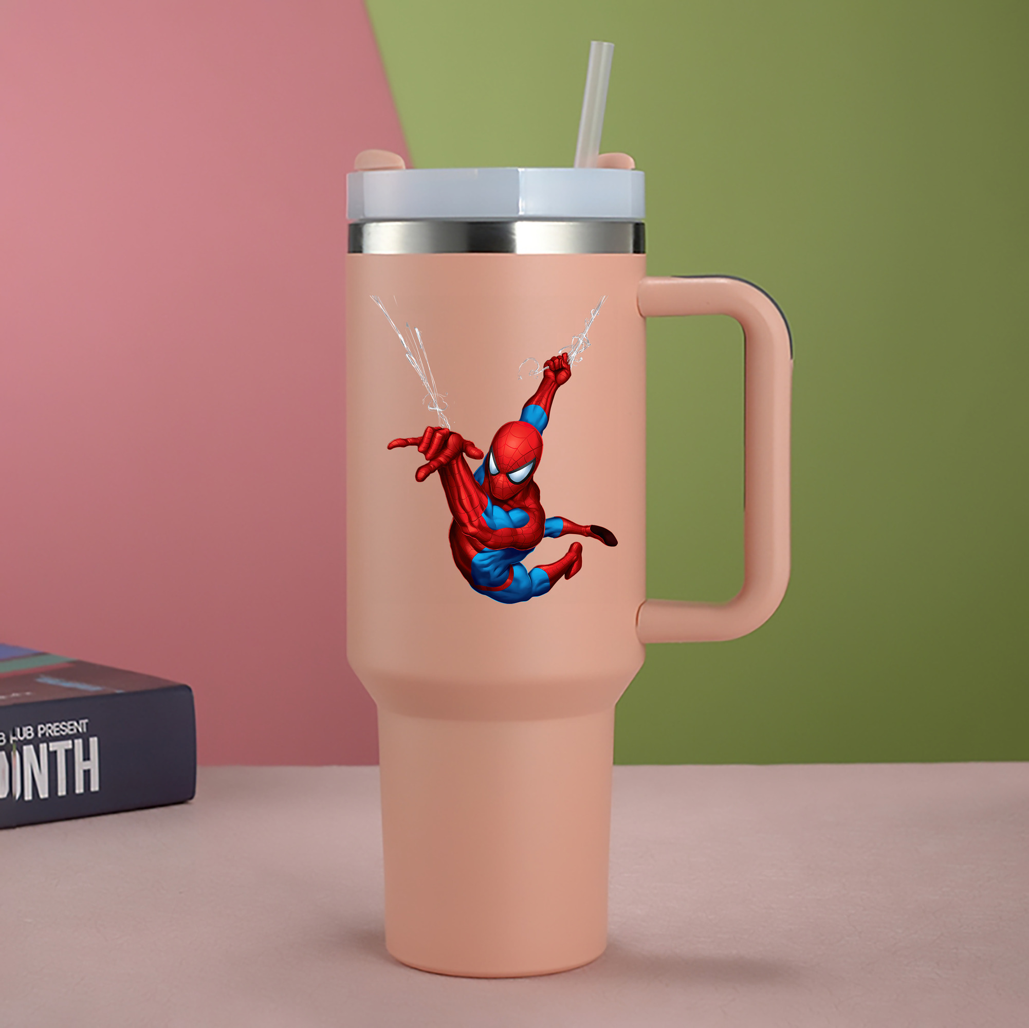 （画像用） Spider Man スパイダーマン 1200mL車用タンブラー - クリスタルステッカー（プラスチックストロー付き）