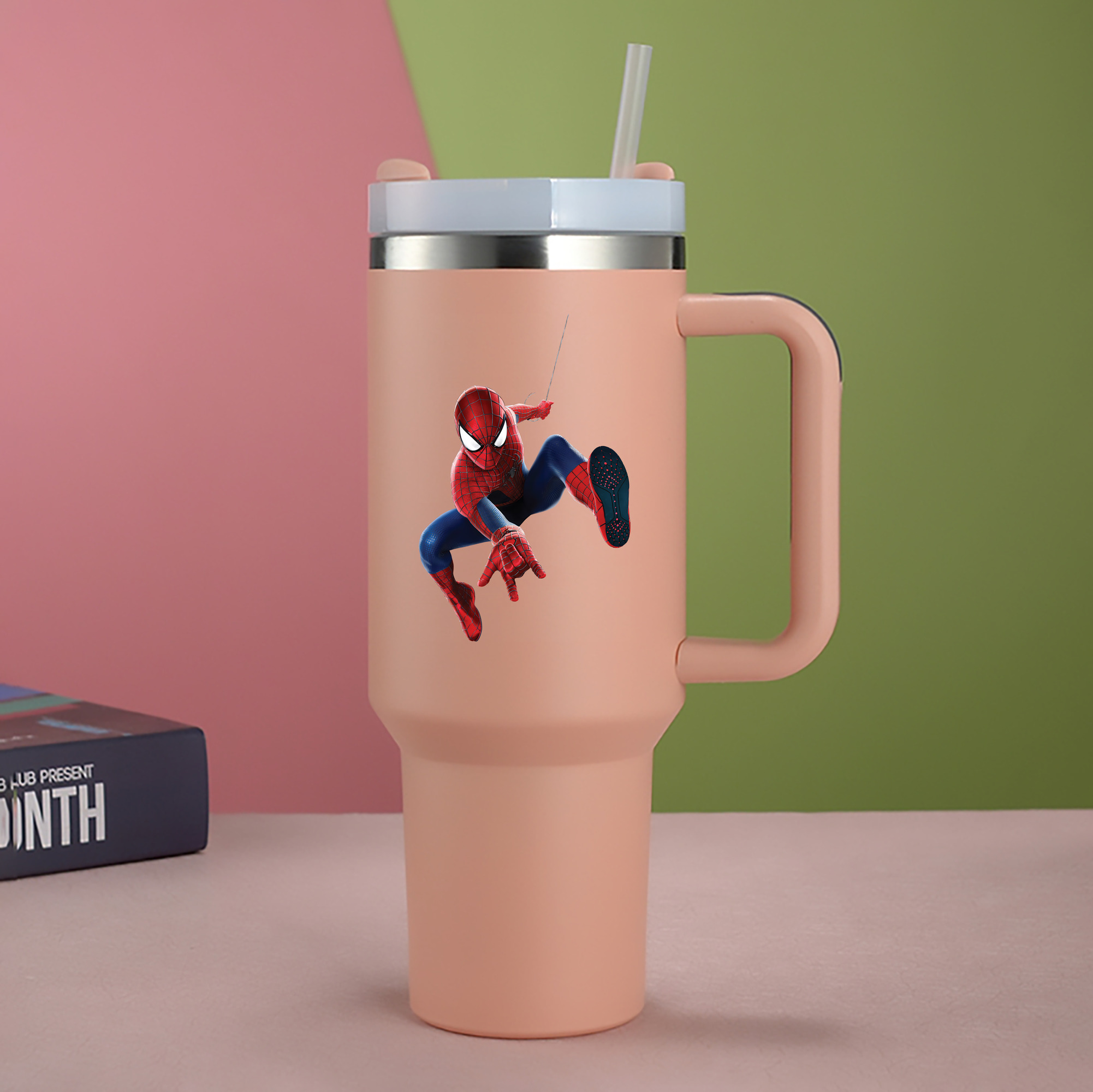 （画像用） Spider Man スパイダーマン 1200mL車用タンブラー - クリスタルステッカー（プラスチックストロー付き）