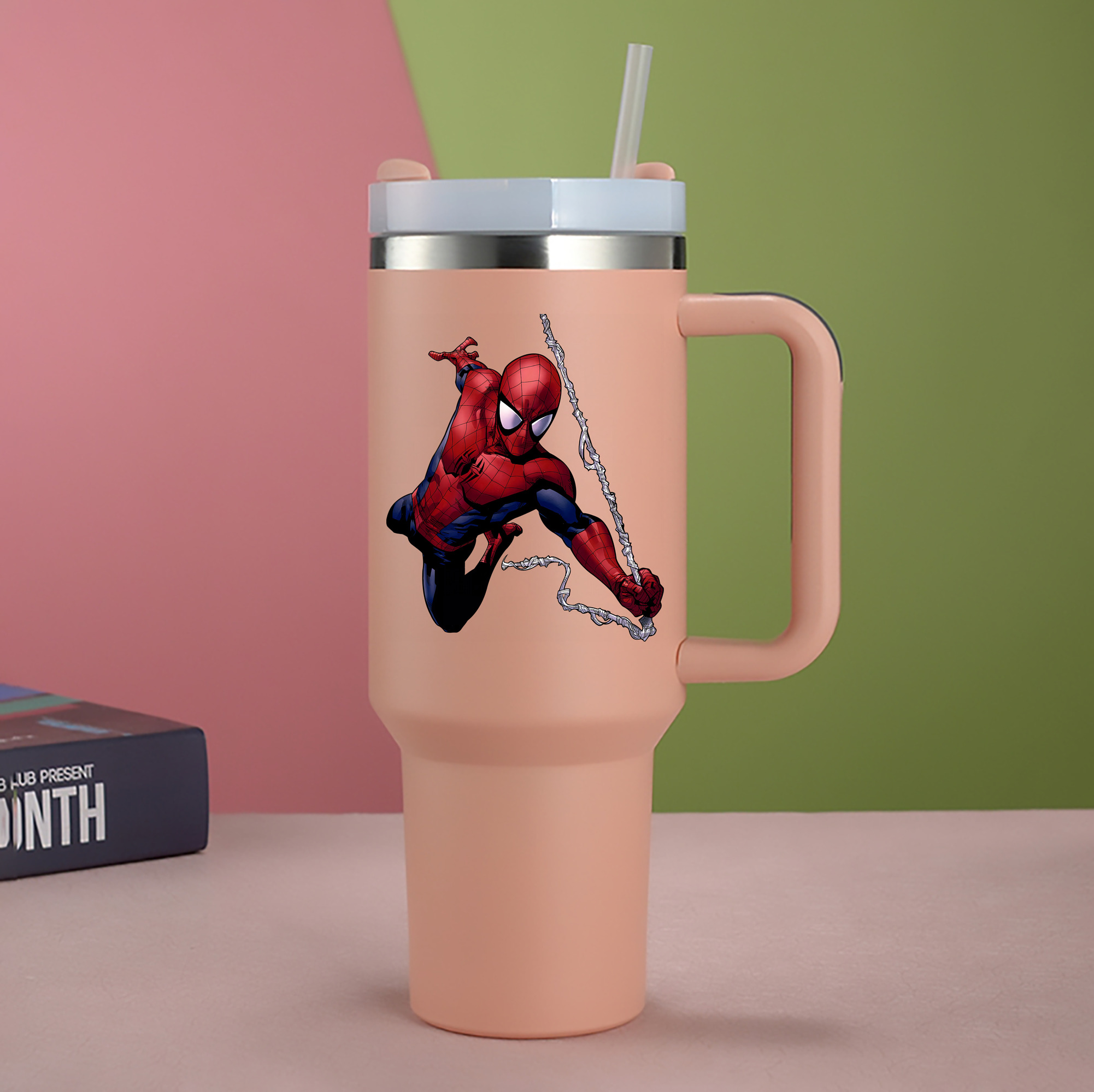 （画像用） Spider Man スパイダーマン 1200mL車用タンブラー - クリスタルステッカー（プラスチックストロー付き）