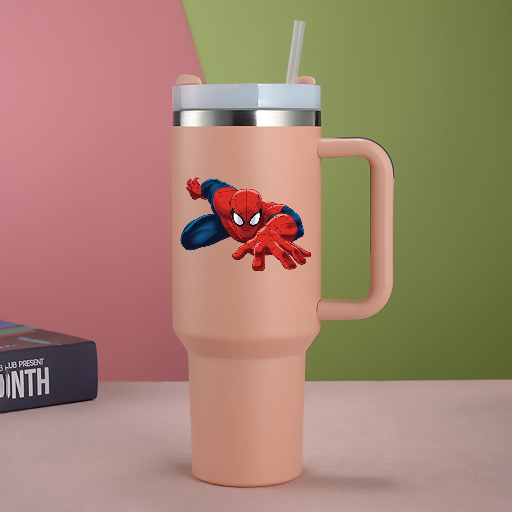 （画像用） Spider Man スパイダーマン 1200mL車用タンブラー - クリスタルステッカー（プラスチックストロー付き）