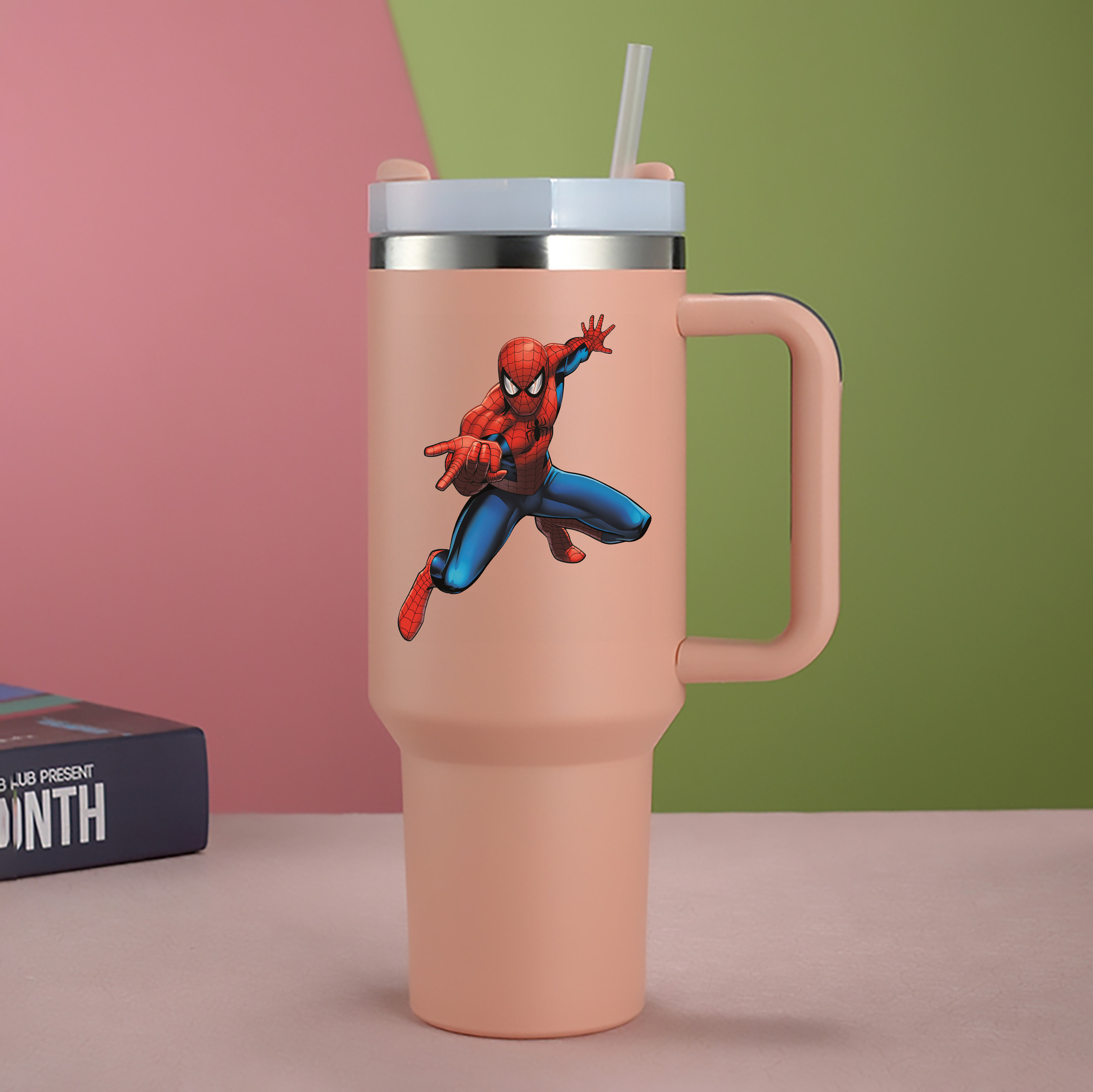 （画像用） Spider Man スパイダーマン 1200mL車用タンブラー - クリスタルステッカー（プラスチックストロー付き）