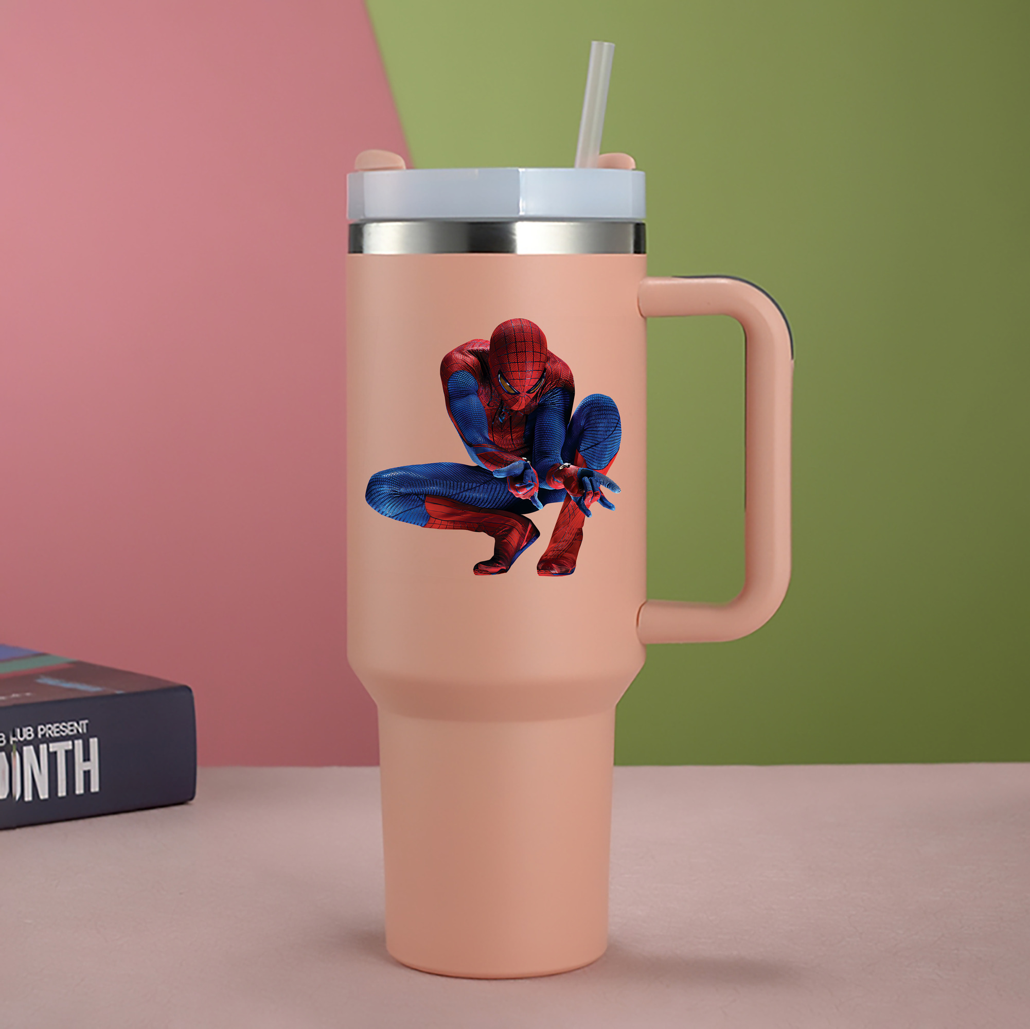 （画像用） Spider Man スパイダーマン 1200mL車用タンブラー - クリスタルステッカー（プラスチックストロー付き）