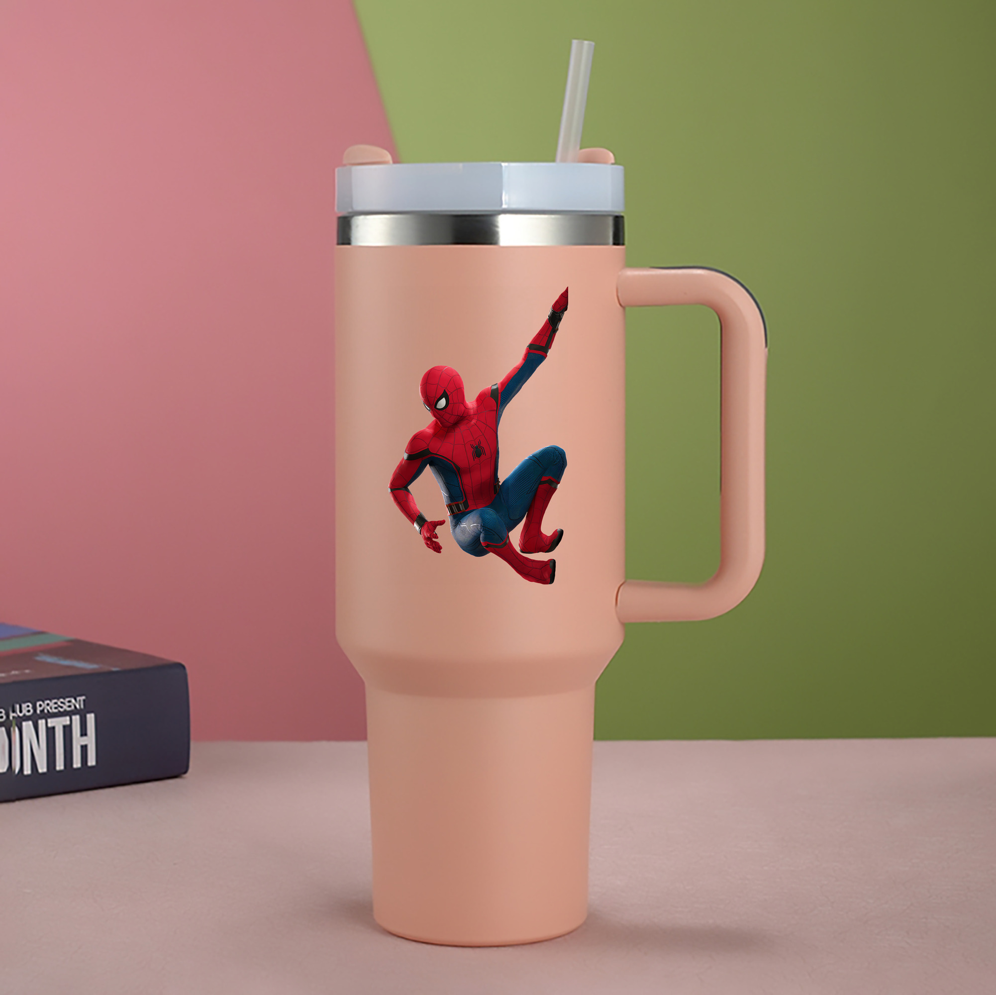 （画像用） Spider Man スパイダーマン 1200mL車用タンブラー - クリスタルステッカー（プラスチックストロー付き）