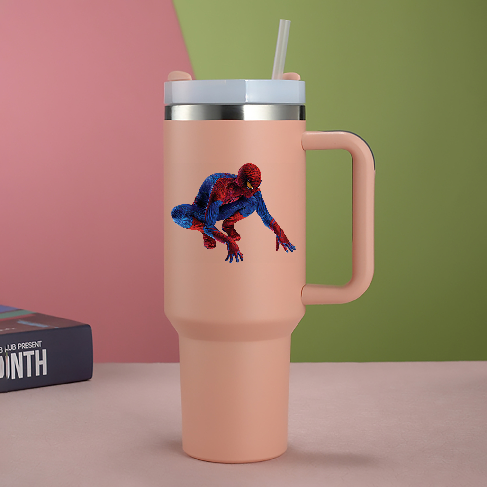 （画像用） Spider Man スパイダーマン 1200mL車用タンブラー - クリスタルステッカー（プラスチックストロー付き）