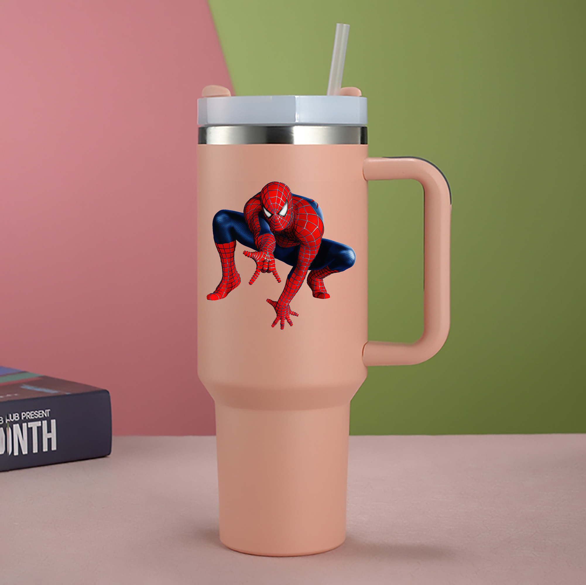 （画像用） Spider Man スパイダーマン 1200mL車用タンブラー - クリスタルステッカー（プラスチックストロー付き）